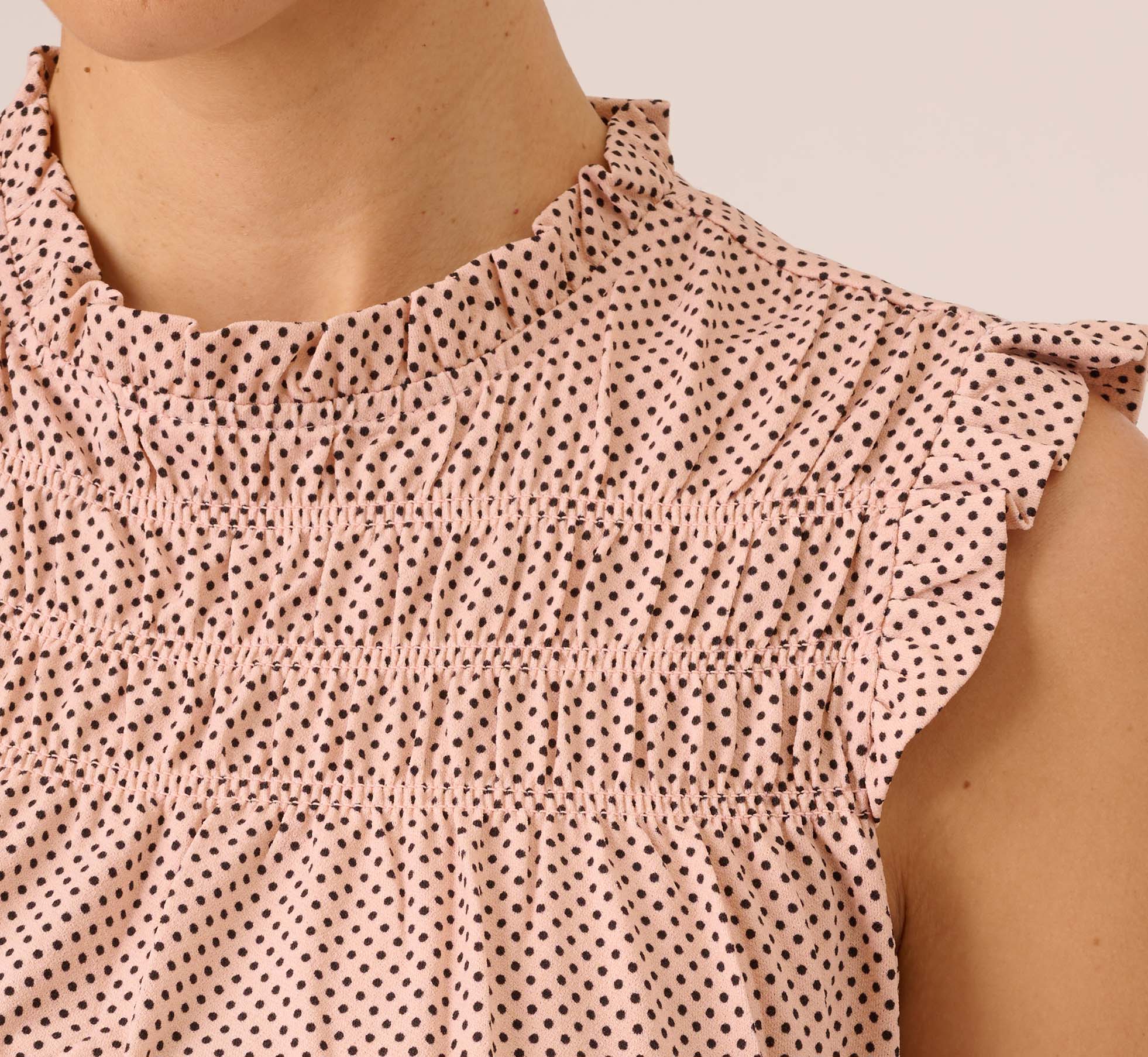 Dot Print Sleeveless Top With Ruffled Details In Champagne Small