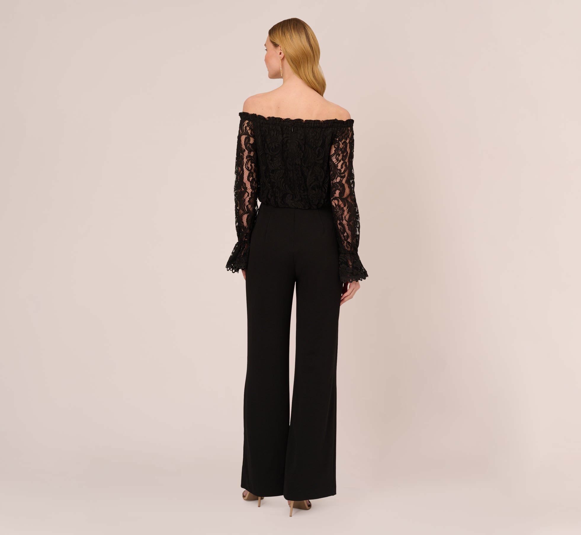 Black Off The Shoulder Crepe Jumpsuit With Lace Bodice In Black