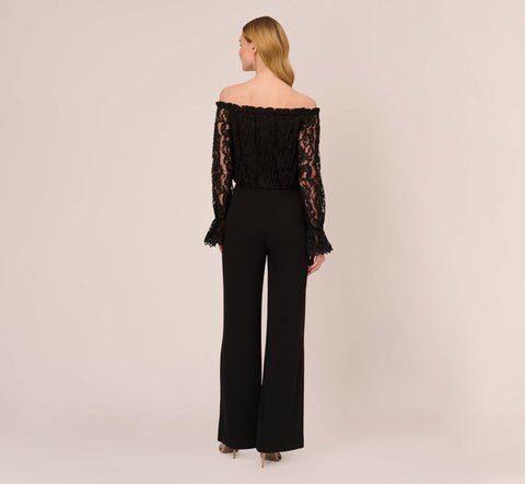 Black Off The Shoulder Crepe Jumpsuit With Lace Bodice In Black