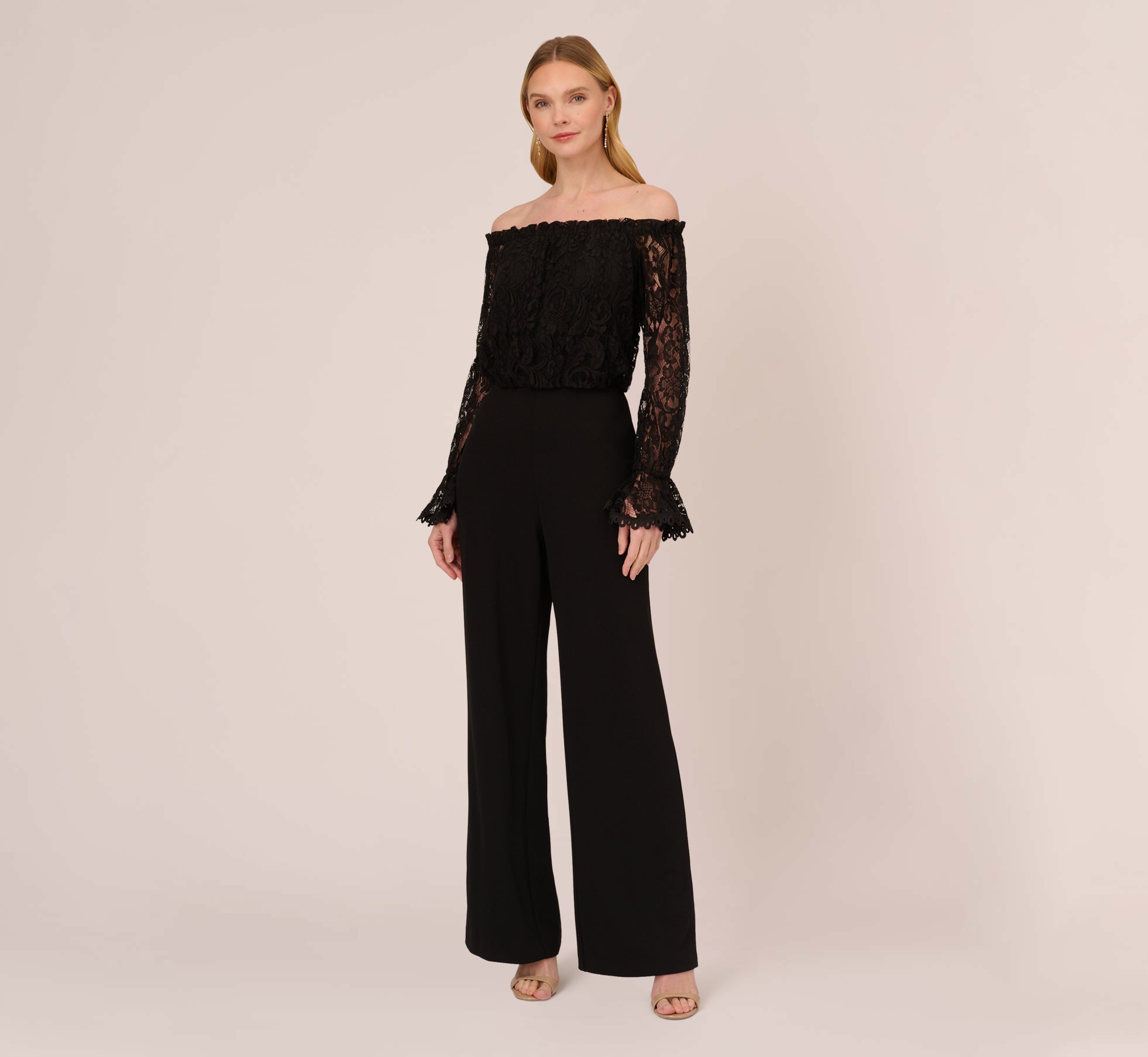 Black Off The Shoulder Crepe Jumpsuit With Lace Bodice In Black 1