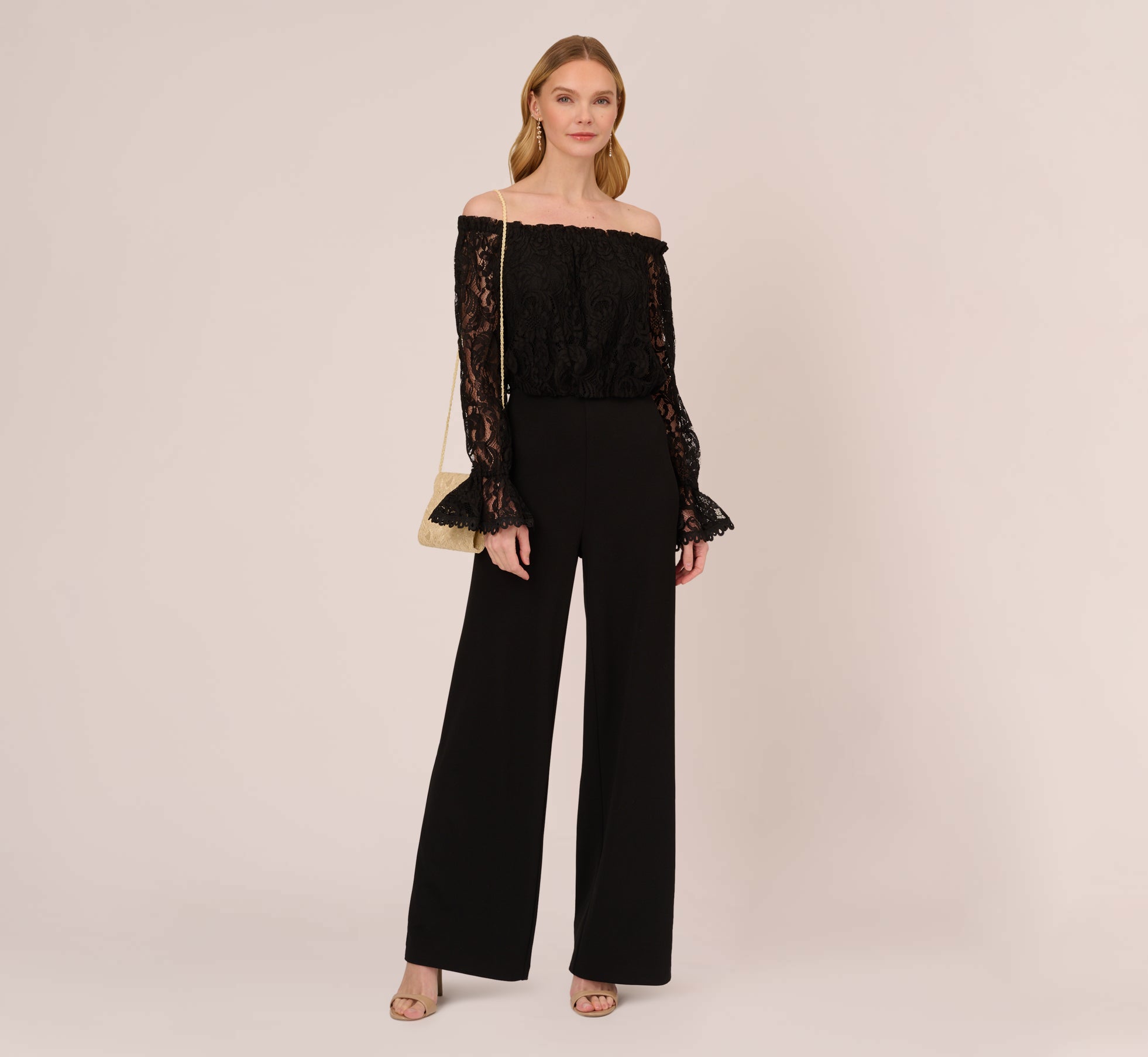 Black Off The Shoulder Crepe Jumpsuit With Lace Bodice In Black