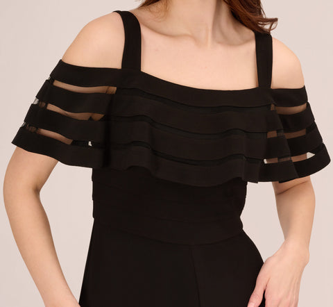 Jersey Banded Ruffled Jumpsuit With Cold Shoulder In Black