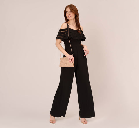 Jersey Banded Ruffled Jumpsuit With Cold Shoulder In Black