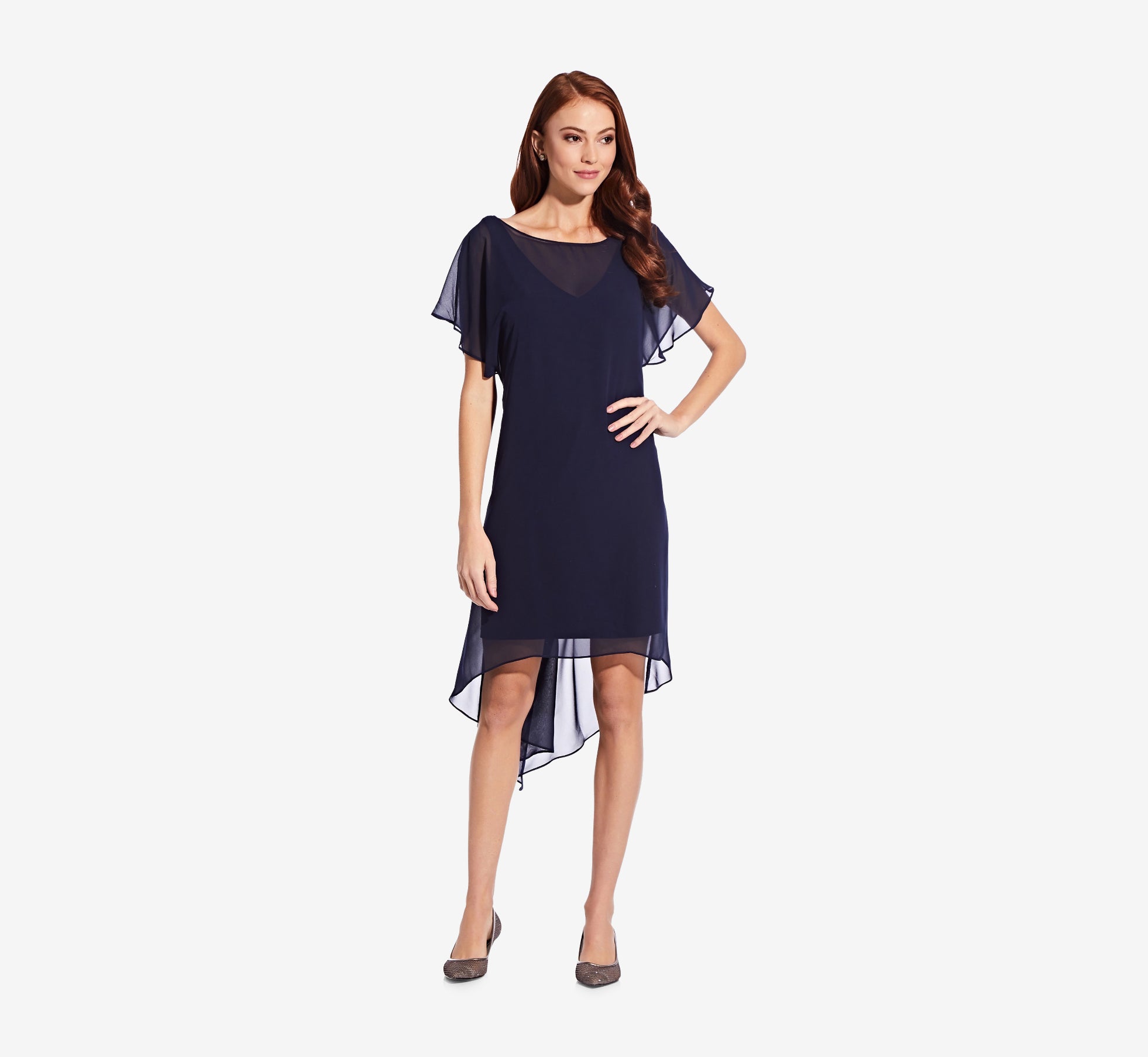 Flutter Sleeve Chiffon Dress With High Low Hemline In Navy