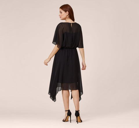 Chiffon Blouson Midi Dress With Flutter Sleeves In Black