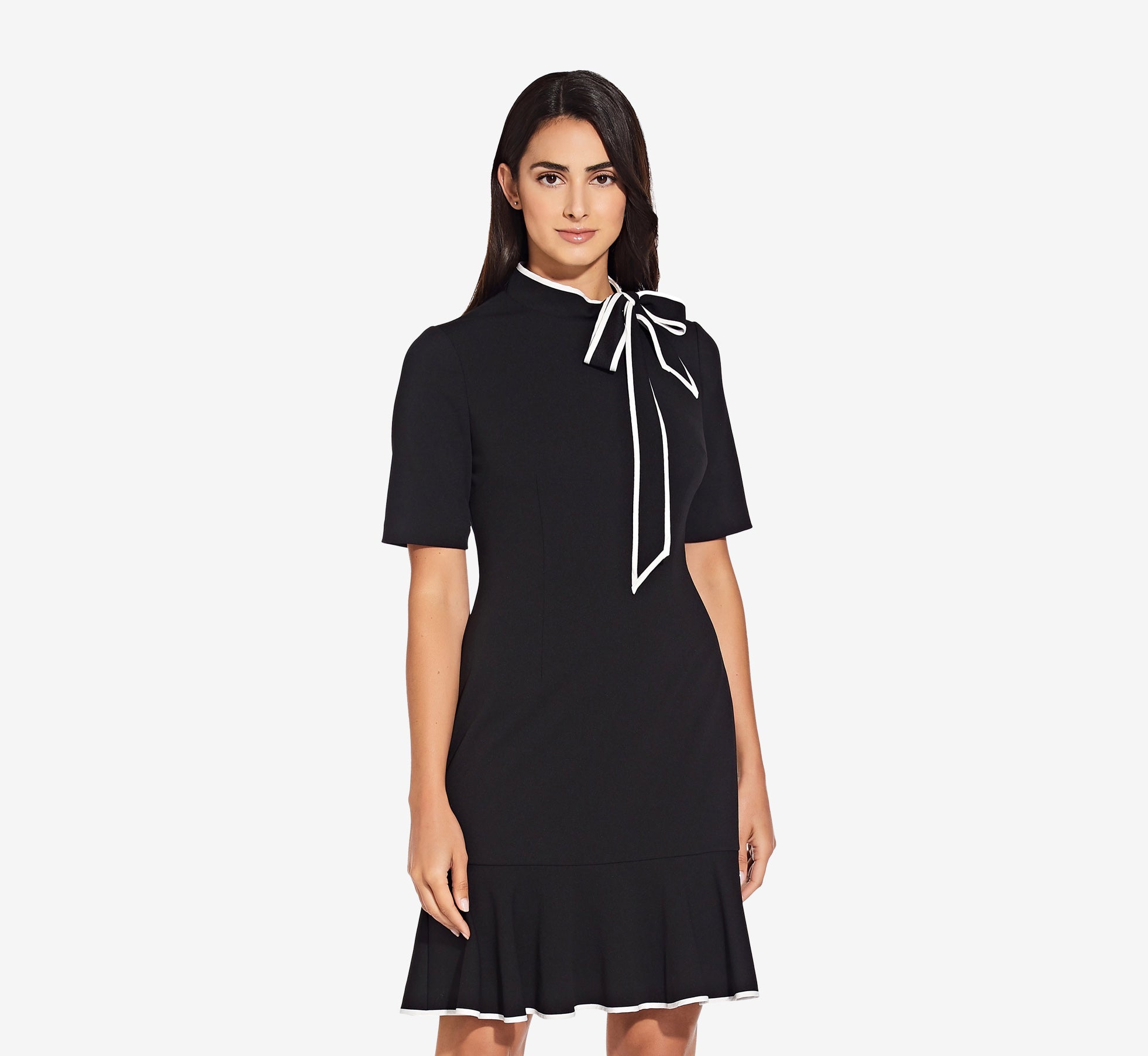 Mock Neck Dress With Contrasting Bowtie In Black Ivory Adrianna