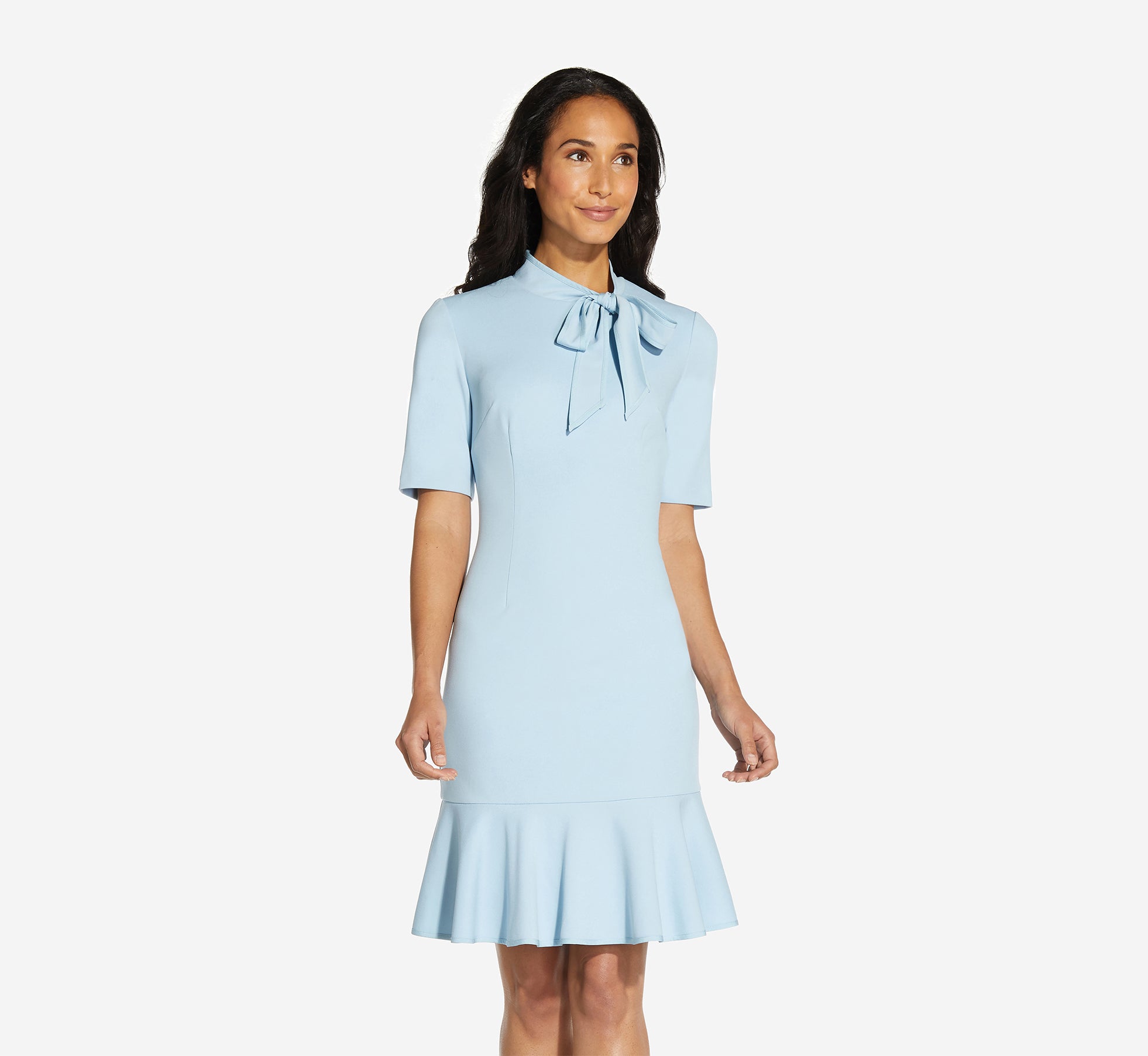 Mock Neck Dress With Contrasting Bowtie In Blue Mist Adrianna Papell