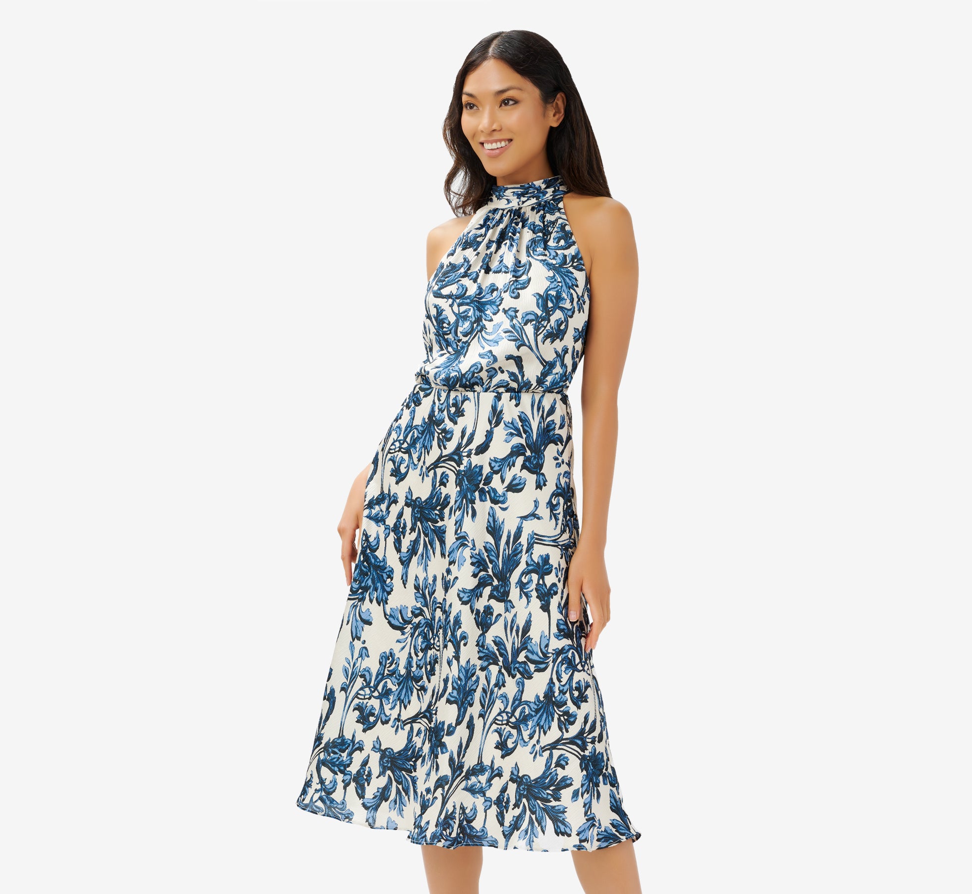 Printed Bias Halter Dress In Blue Multi Adrianna Papell