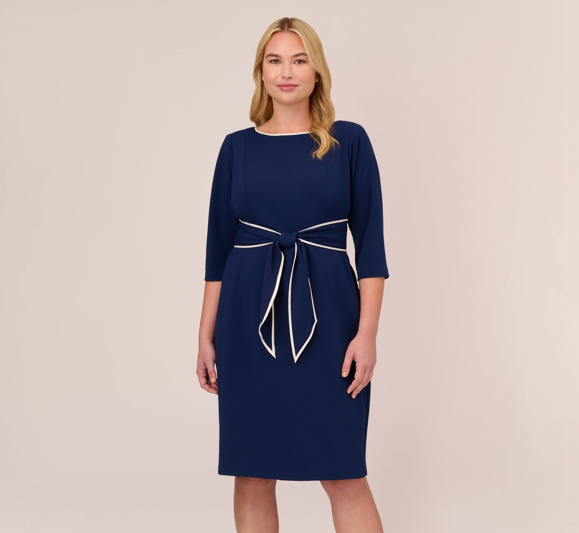 Plus Size Knit Crepe Tie Dress In Navy Sateen Ivory Adrianna Papell