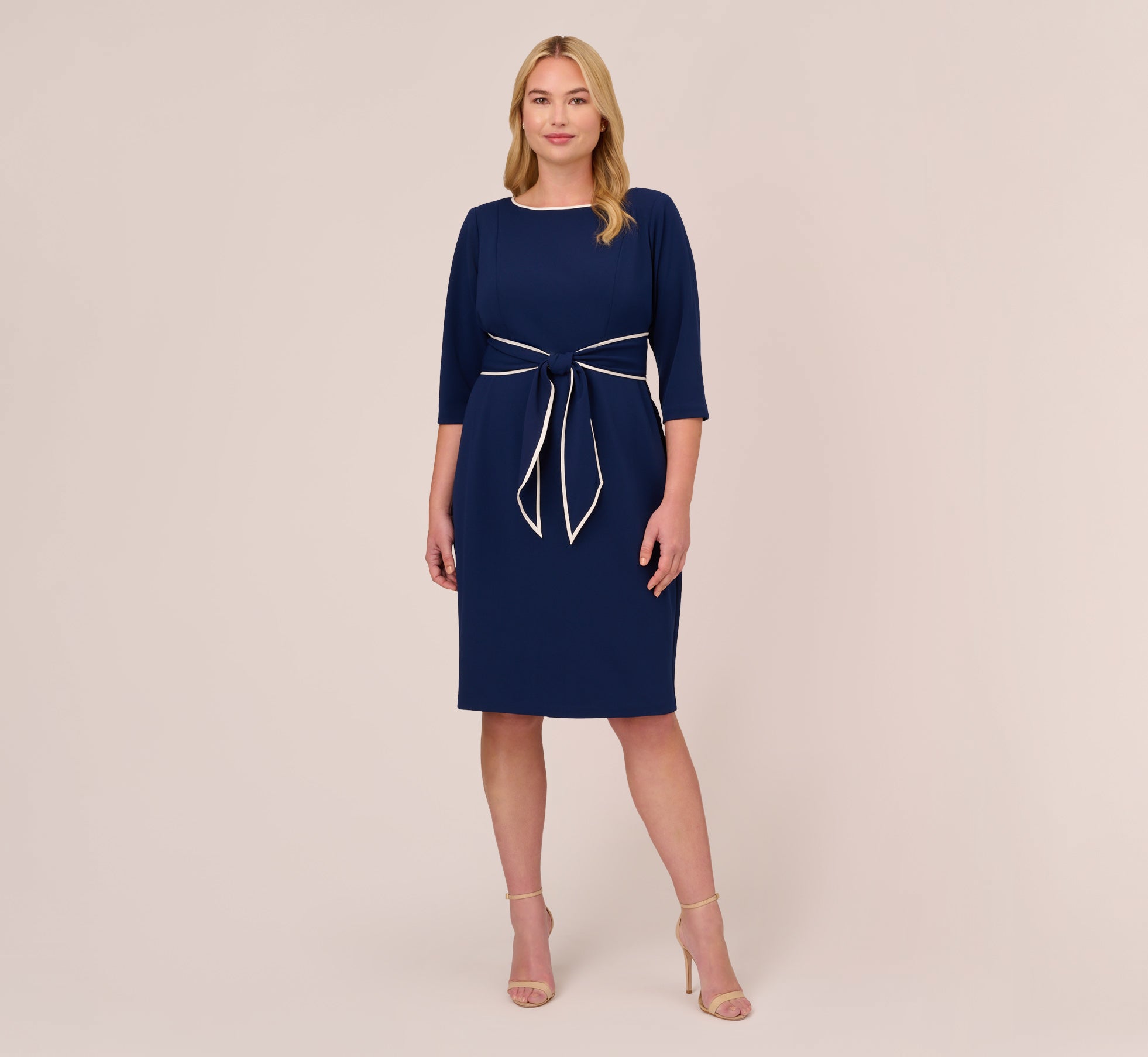 Plus Size Knit Crepe Tie Dress In Navy Sateen Ivory Adrianna Papell