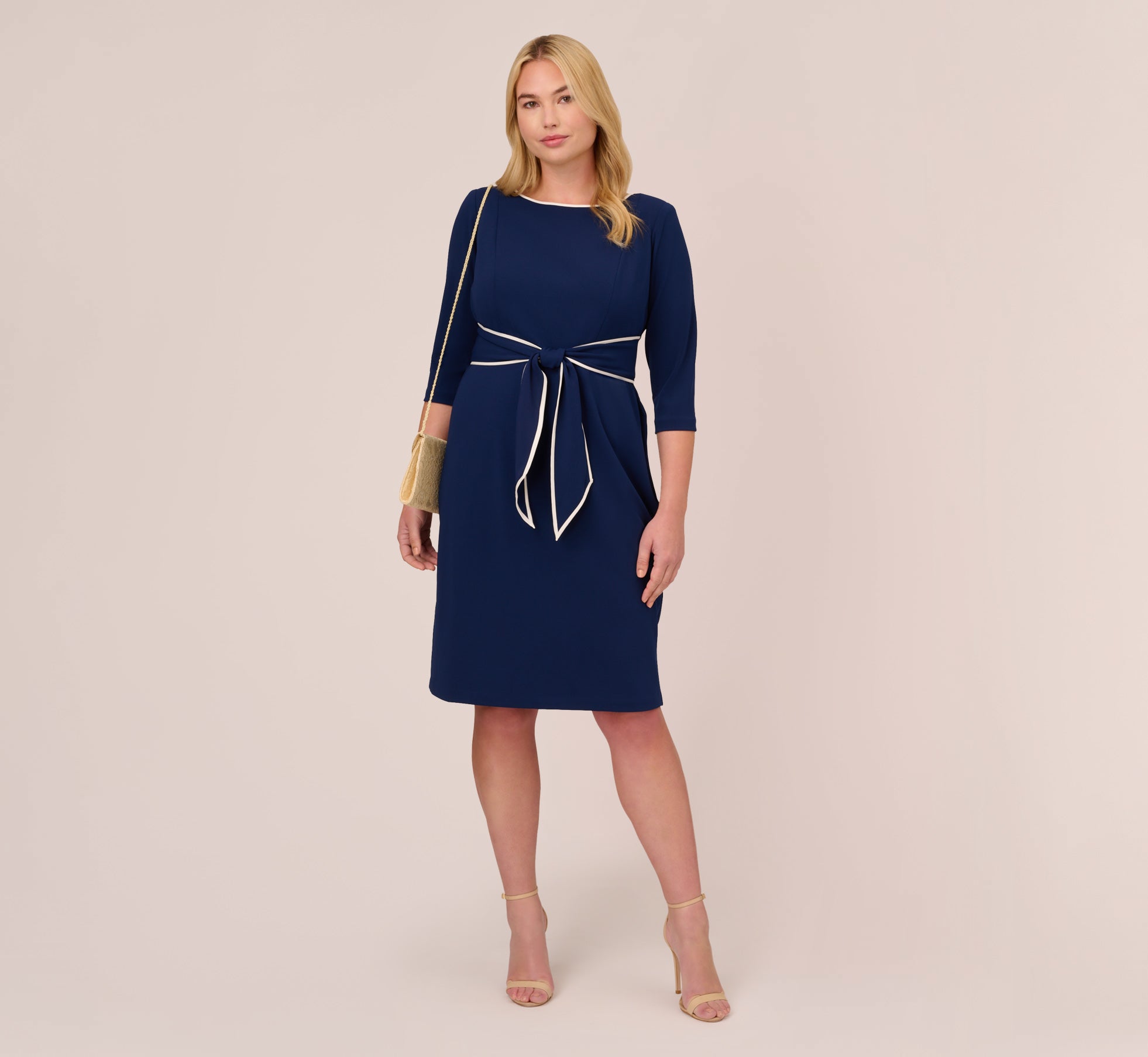 Plus Size Knit Crepe Tie Dress In Navy Sateen Ivory | Adrianna Papell