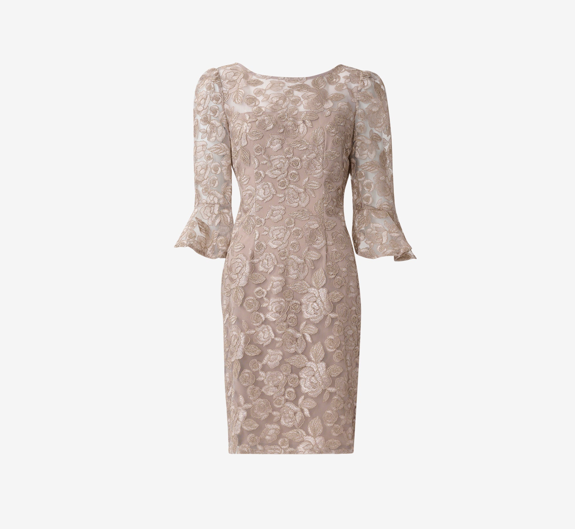 Bell Sleeve Rose Embroidered Sheath Dress In Marble Adrianna Papell