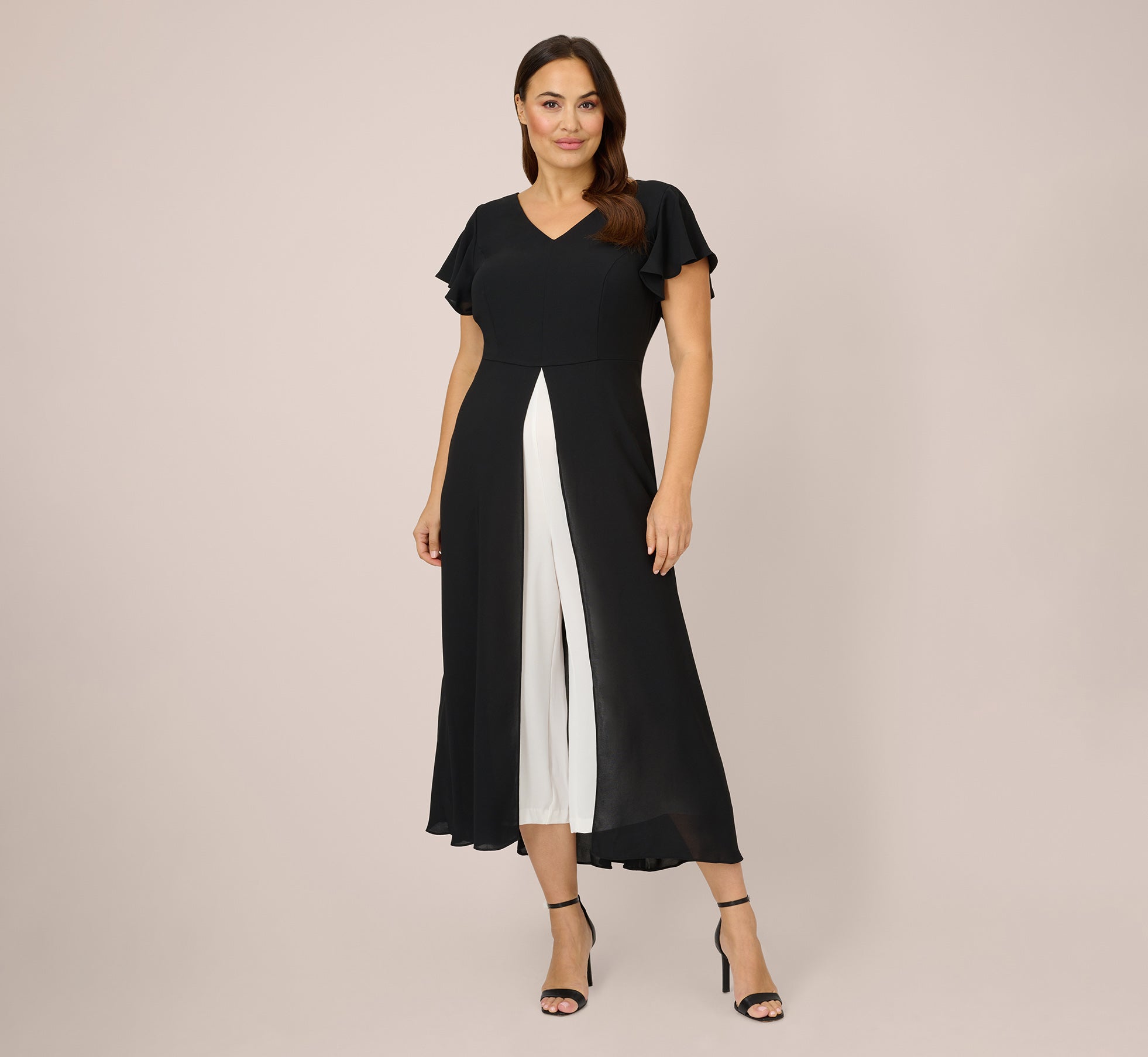 Plus Size Crepe Cropped Jumpsuit With Gauze Overlay In Black Ivory