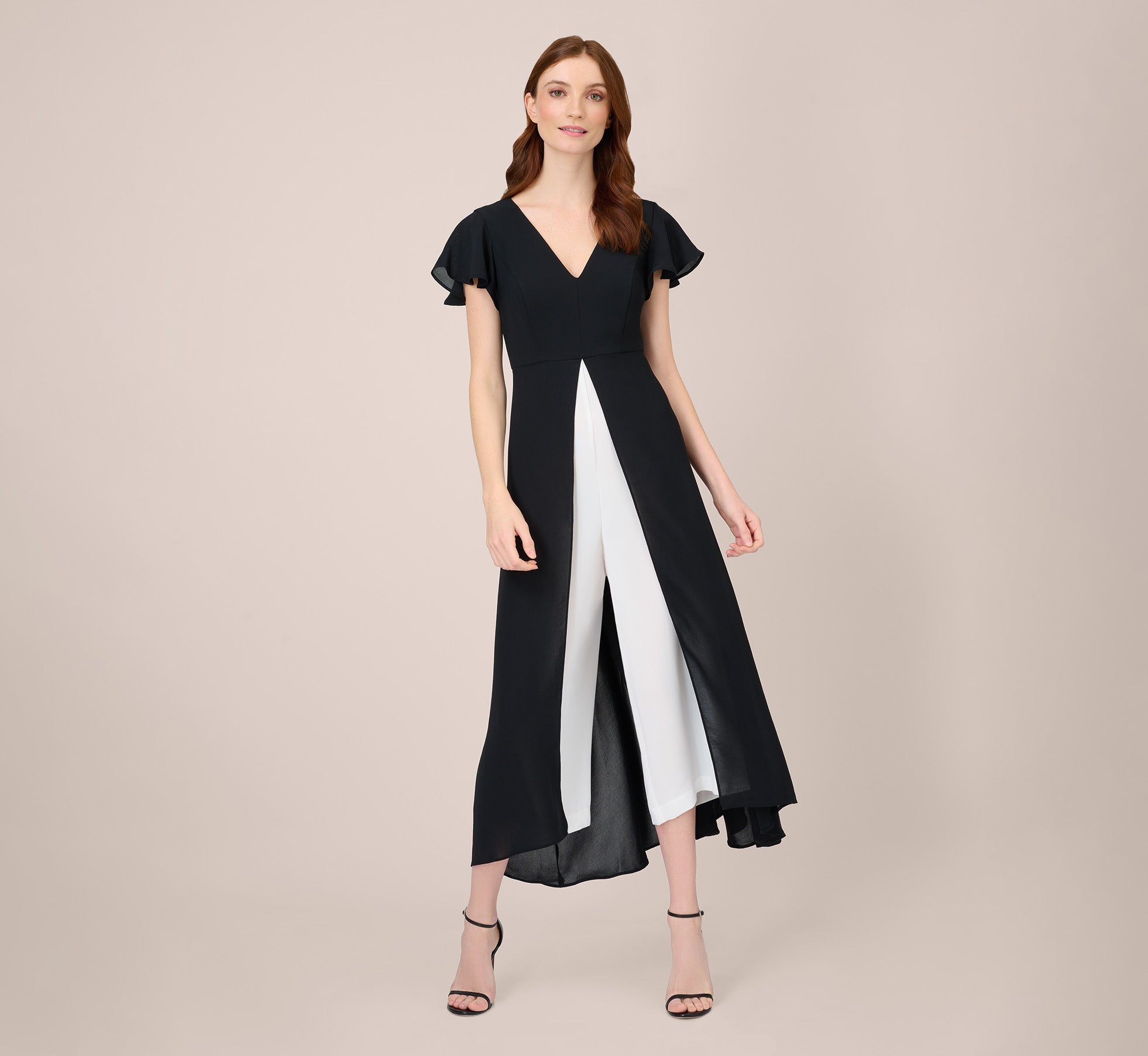 Crepe Cropped Jumpsuit With Gauze Overlay In Black Ivory 1