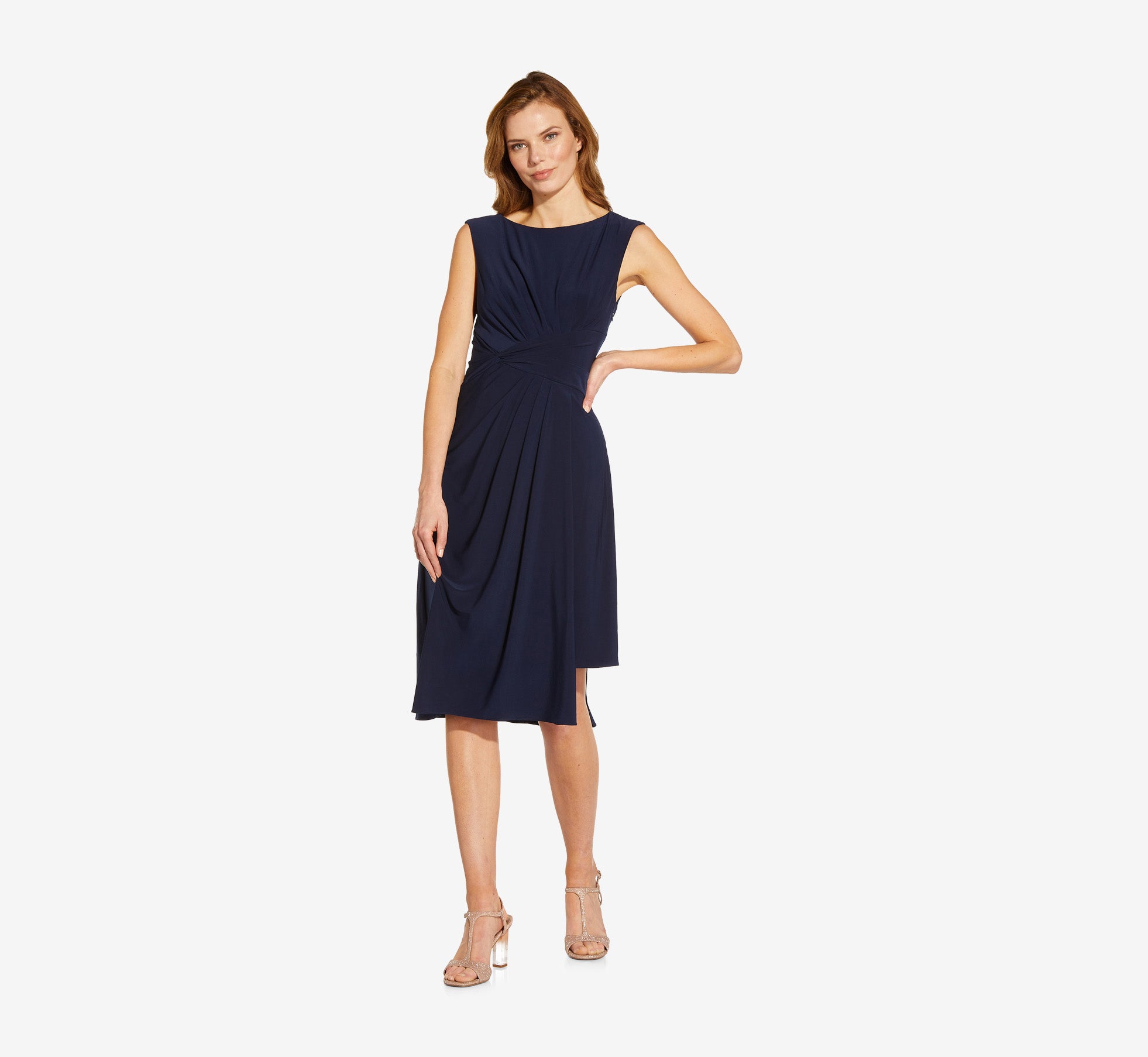 Asymmetrical Draped Midi Dress In Midnight Adrianna Papell