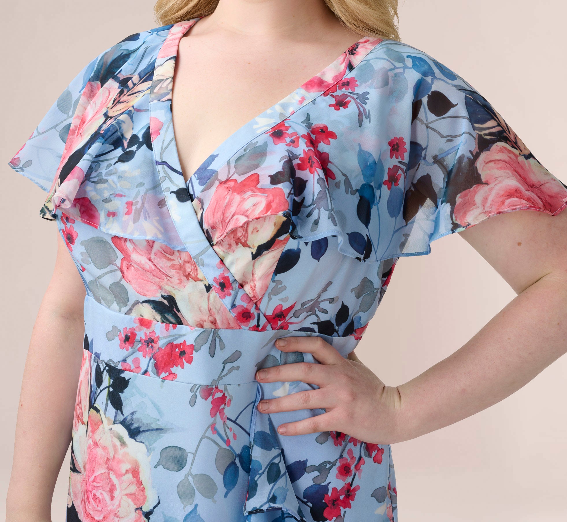 Plus Size Floral Faux Wrap Dress In Blue Multi Adrianna Papell