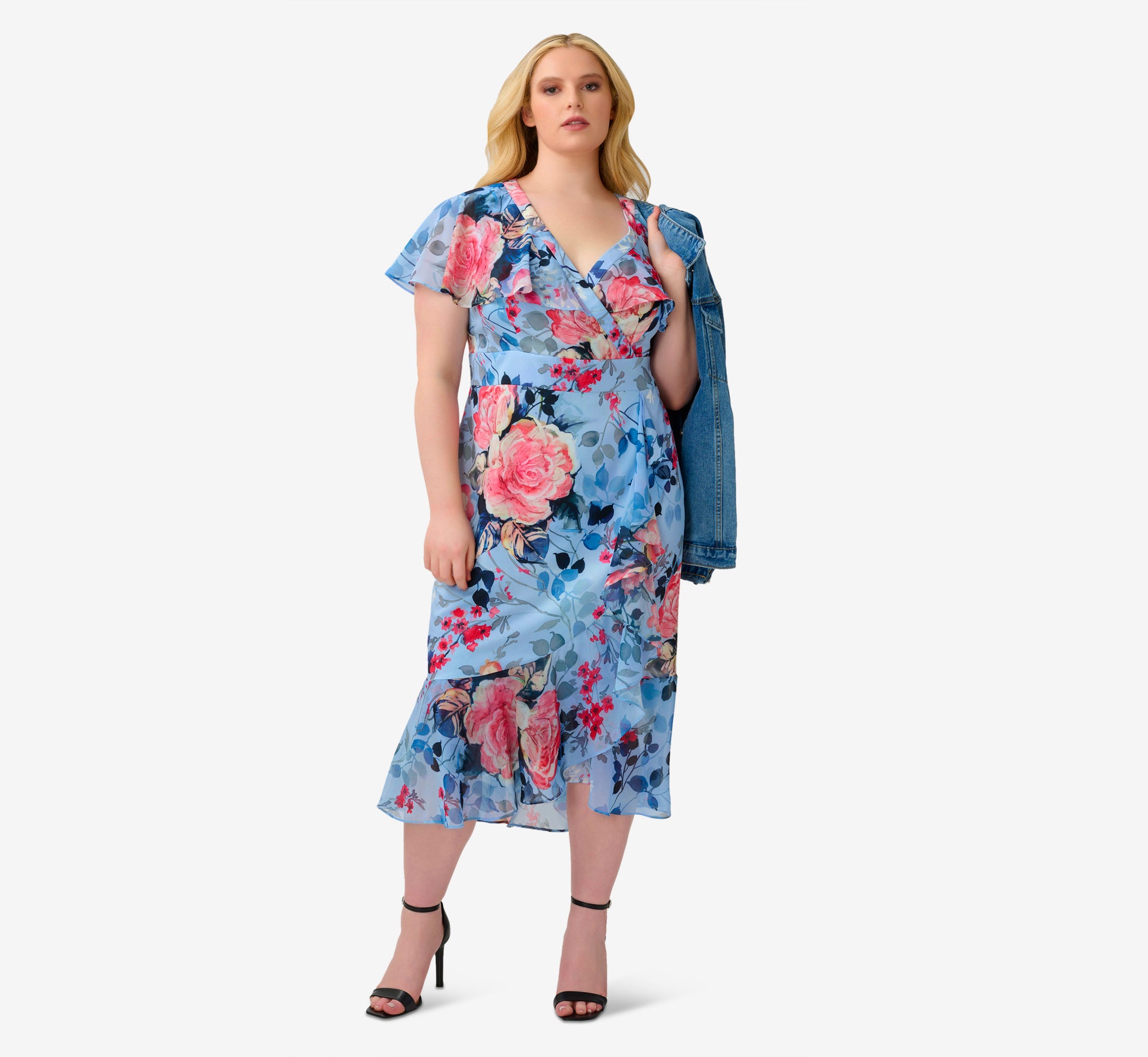 Plus Size Floral Faux Wrap Dress In Blue Multi Adrianna Papell