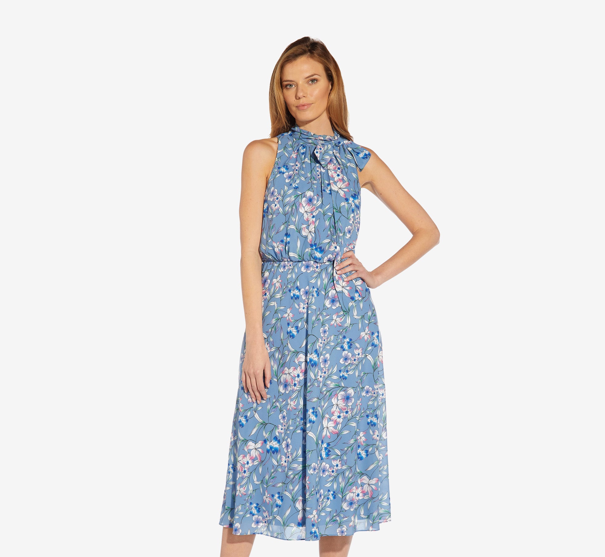 Floral Print Tie Neck Midi Length Chiffon Halter Dress In Blue