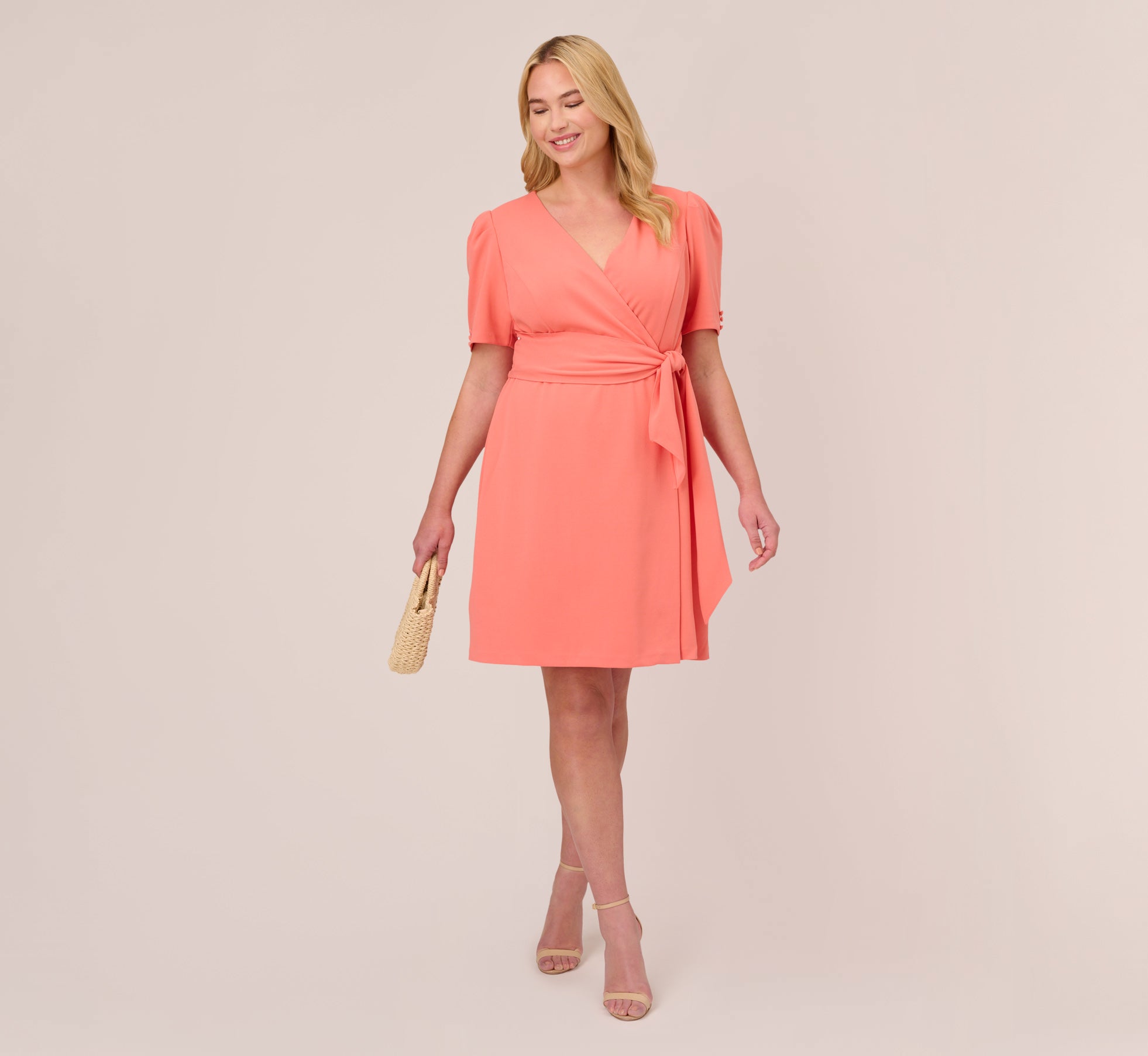 Plus Size Crepe Tie Front A Line Short Wrap Dress In Peach Blossom