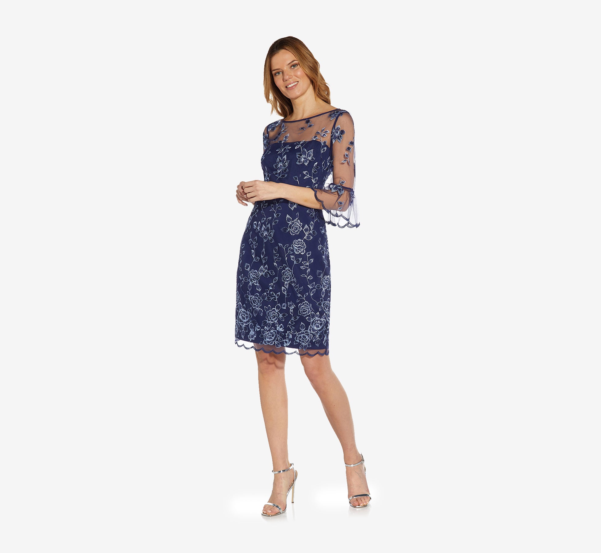 Floral Embroidered Sheath Dress With Scalloped Detail In Midnight