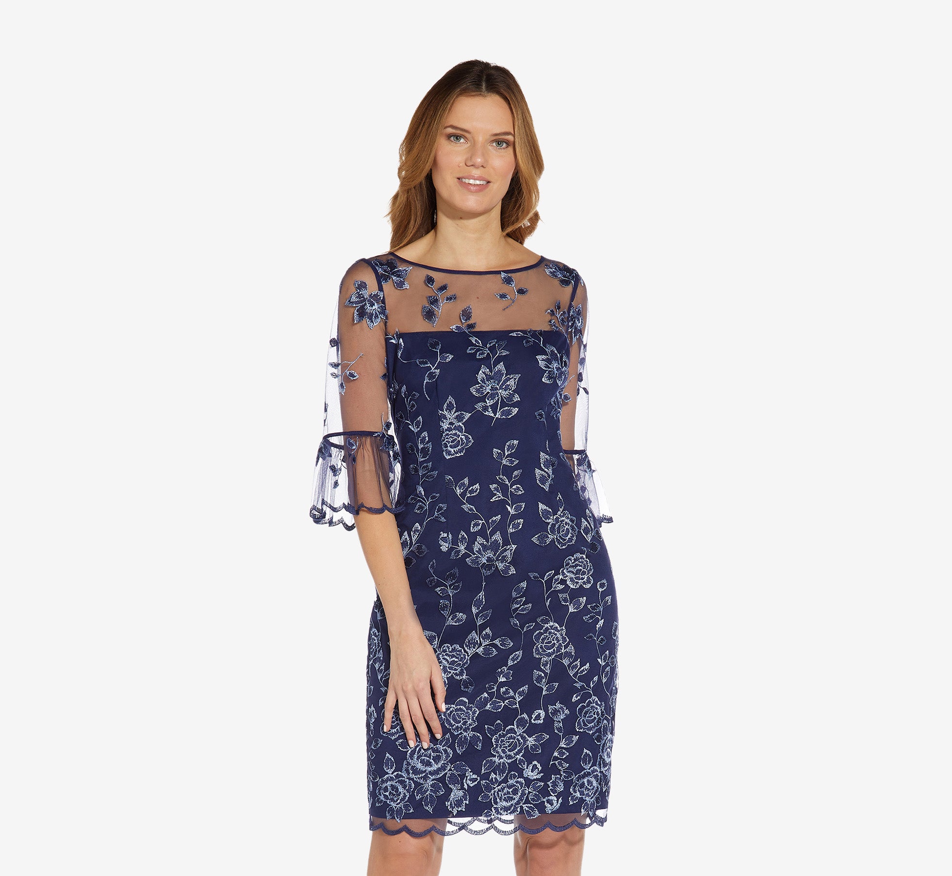 Floral Embroidered Sheath Dress With Scalloped Detail In Midnight