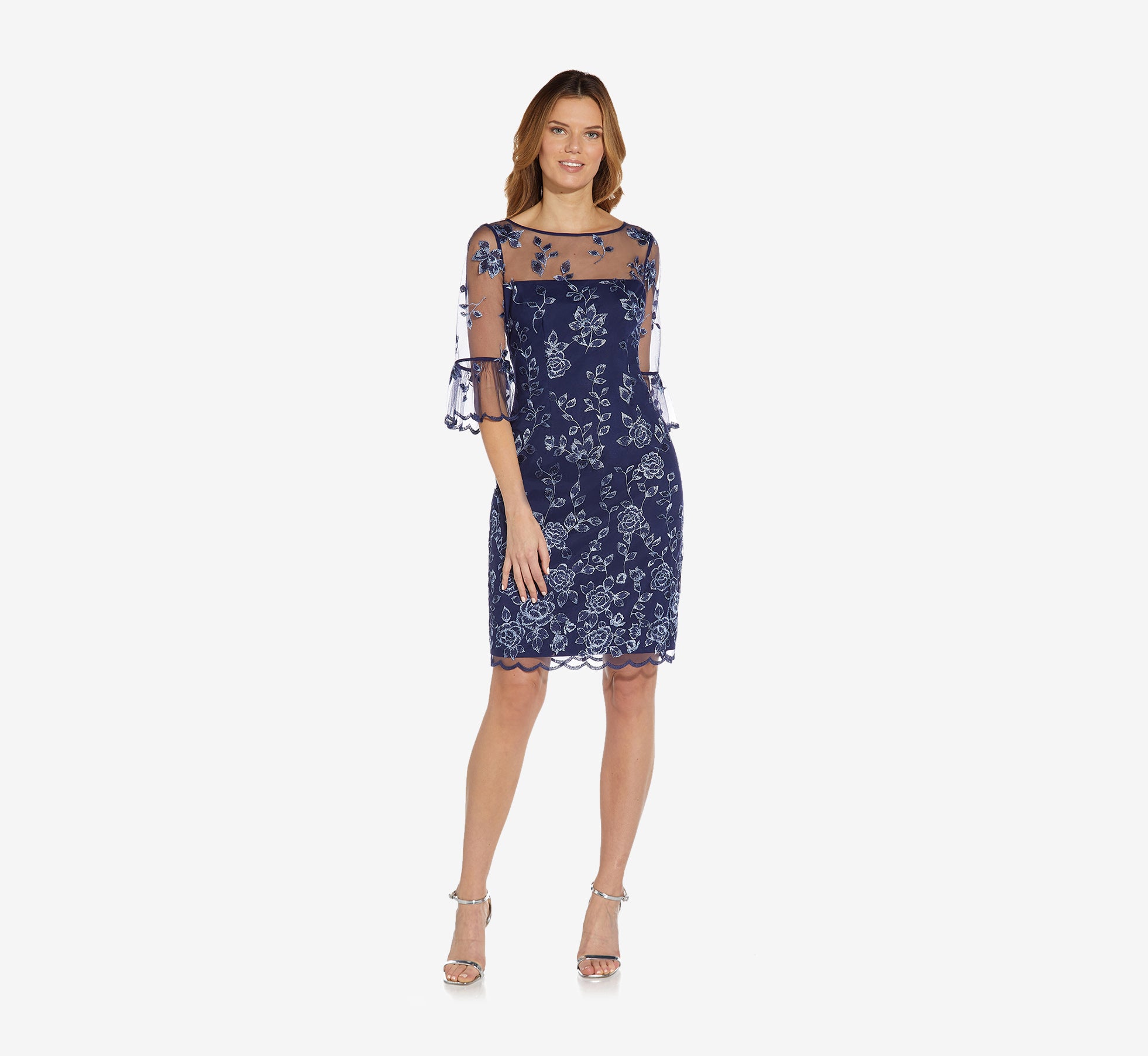 Floral Embroidered Sheath Dress With Scalloped Detail In Midnight