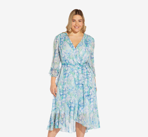 Plus Size Floral-Printed Chiffon Short Dress In Blue Multi