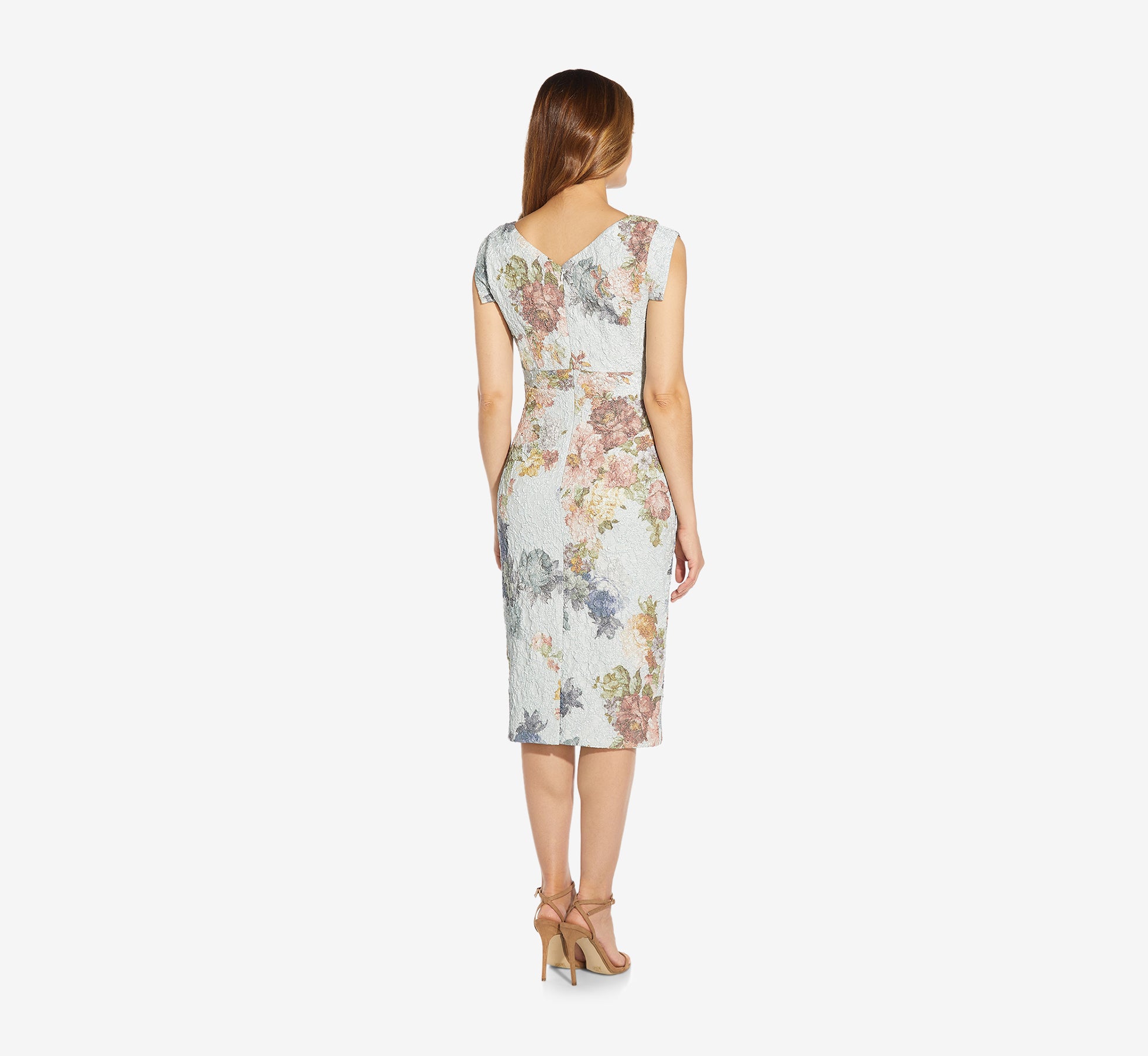 Metallic Floral Matelasse Midi Length Sheath Cocktail Dress In Sky