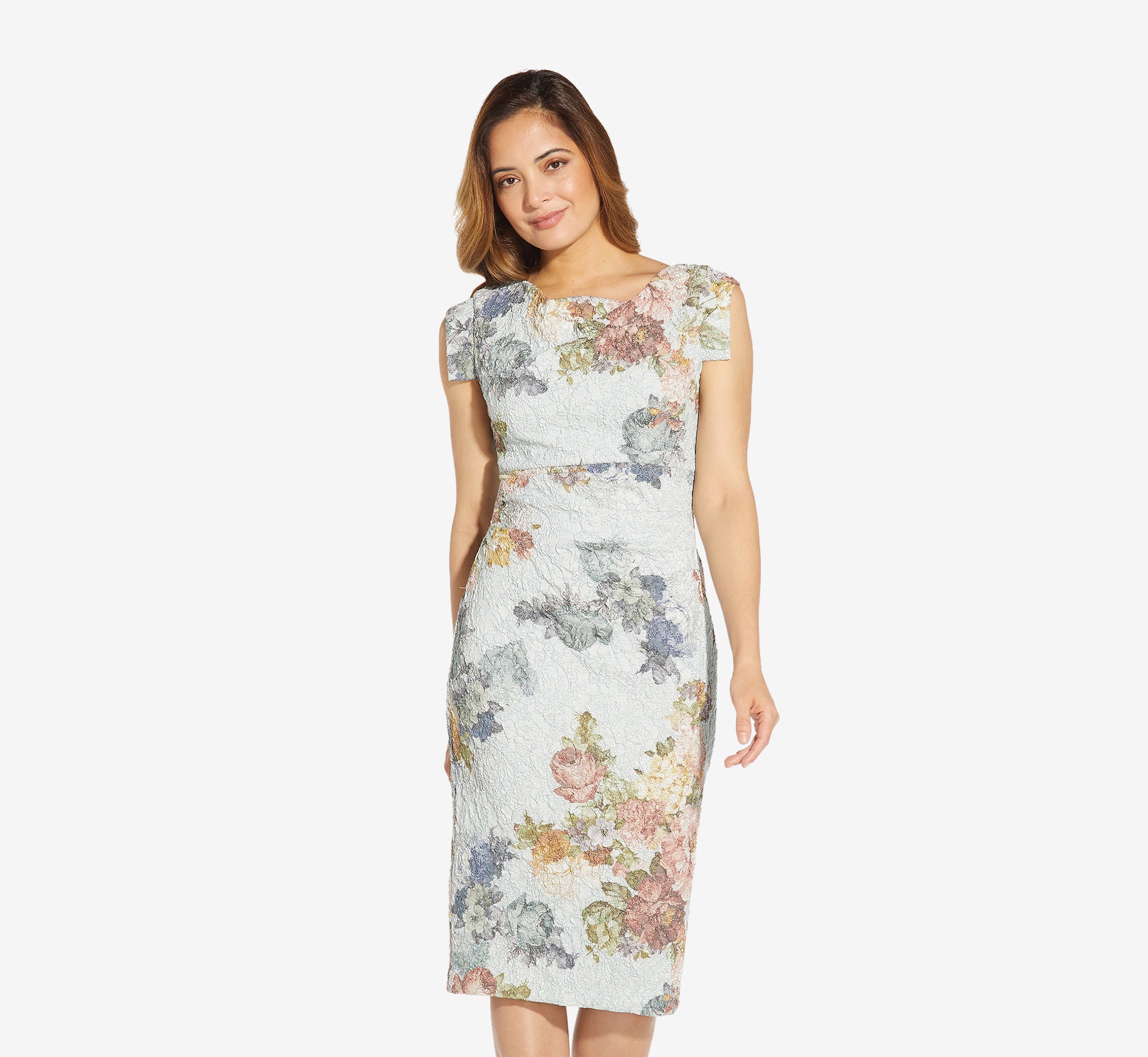 Metallic Floral Matelasse Midi Length Sheath Cocktail Dress In Sky