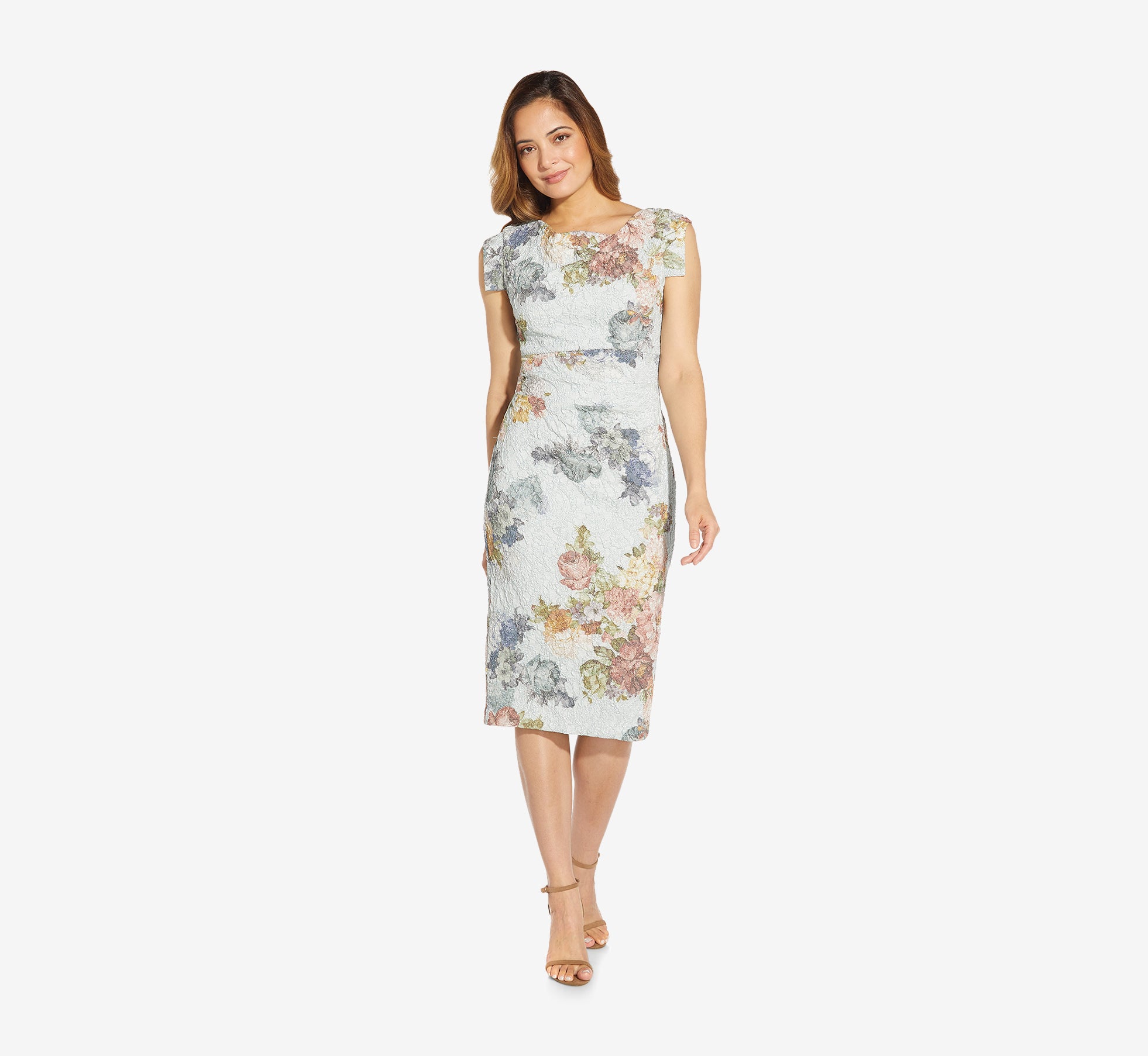 Metallic Floral Matelasse Midi Length Sheath Cocktail Dress In Sky