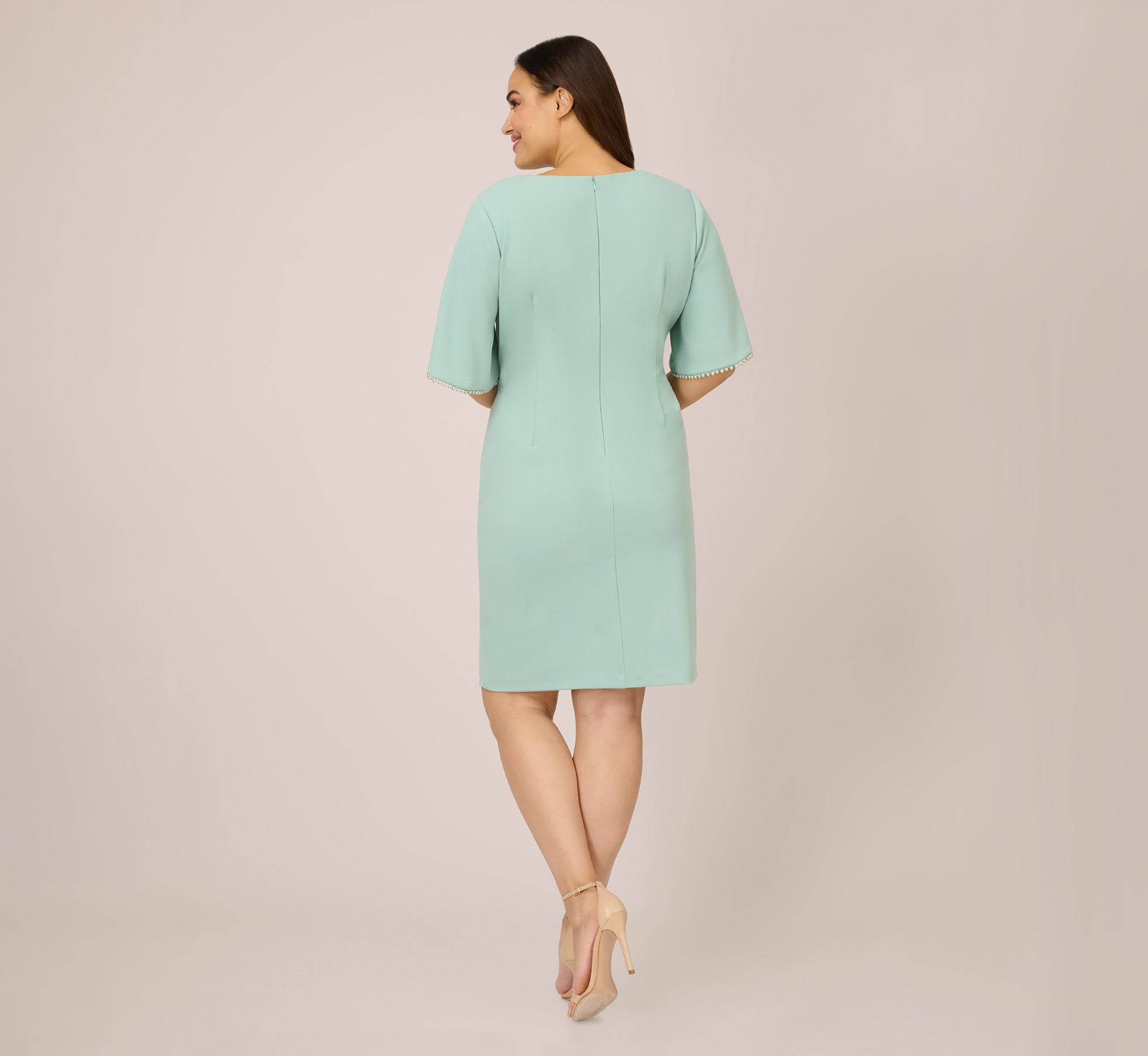 Plus Size Pearl Embellished Knit Crepe Sheath Dress In Cloudy Aqua