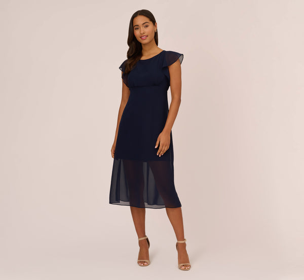 Chiffon And Jersey Midi Length Dress With Side Slits In Navy