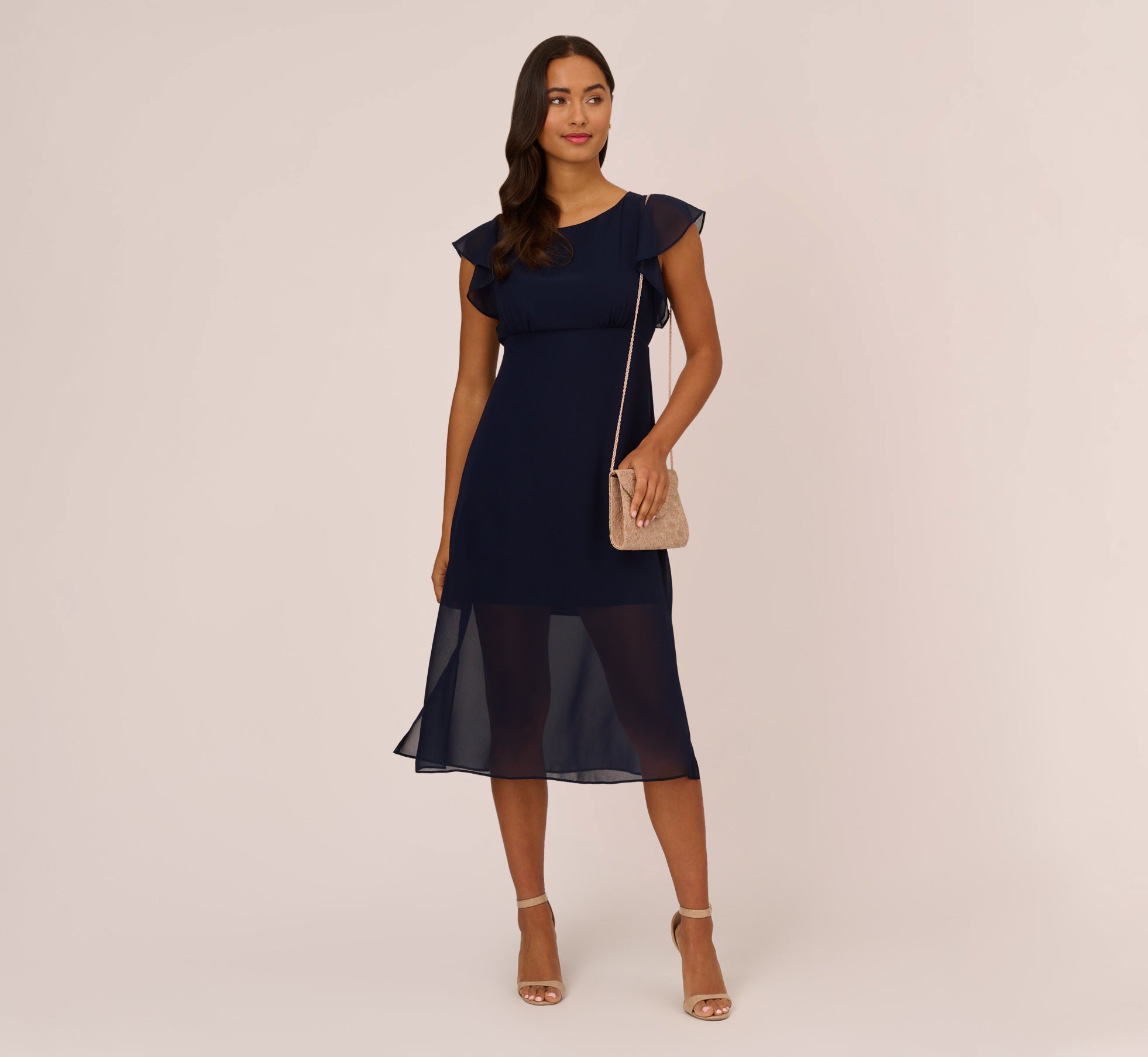 Chiffon And Jersey Midi-Length Dress With Side Slits In Navy