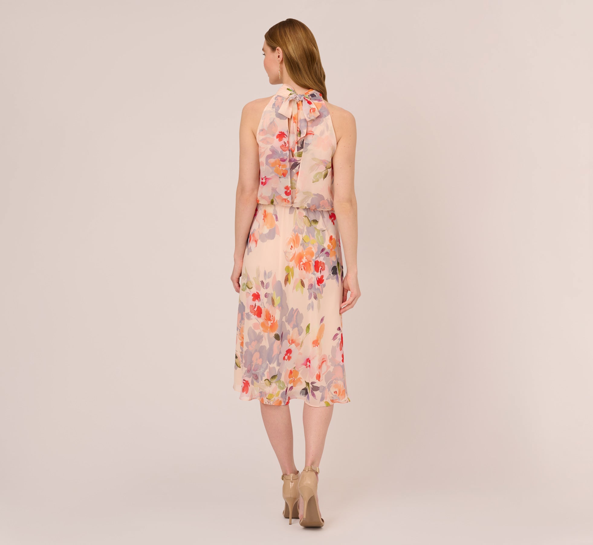 Floral Print Chiffon Midi Length Blouson Halter Dress In Sandshell