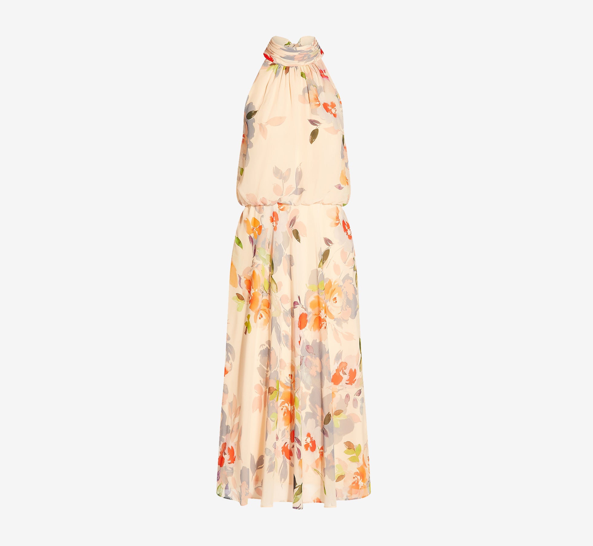 Floral Print Chiffon Midi Length Blouson Halter Dress In Sandshell