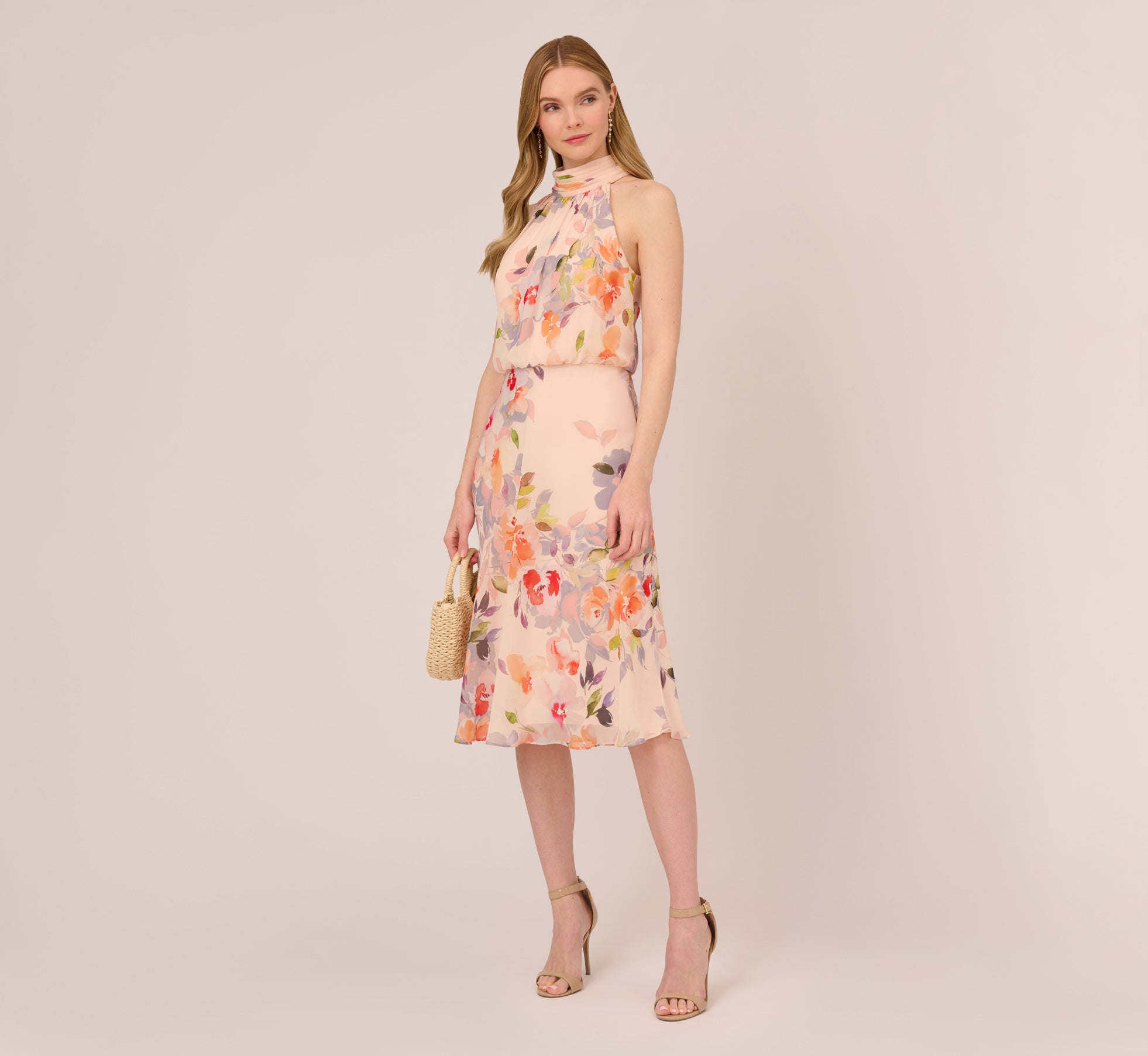 Floral Print Chiffon Midi Length Blouson Halter Dress In Sandshell