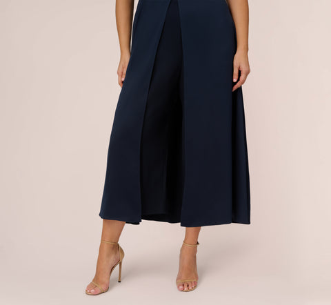 Plus Size Satin Crepe Ruffled Cropped Jumpsuit In Dark Navy