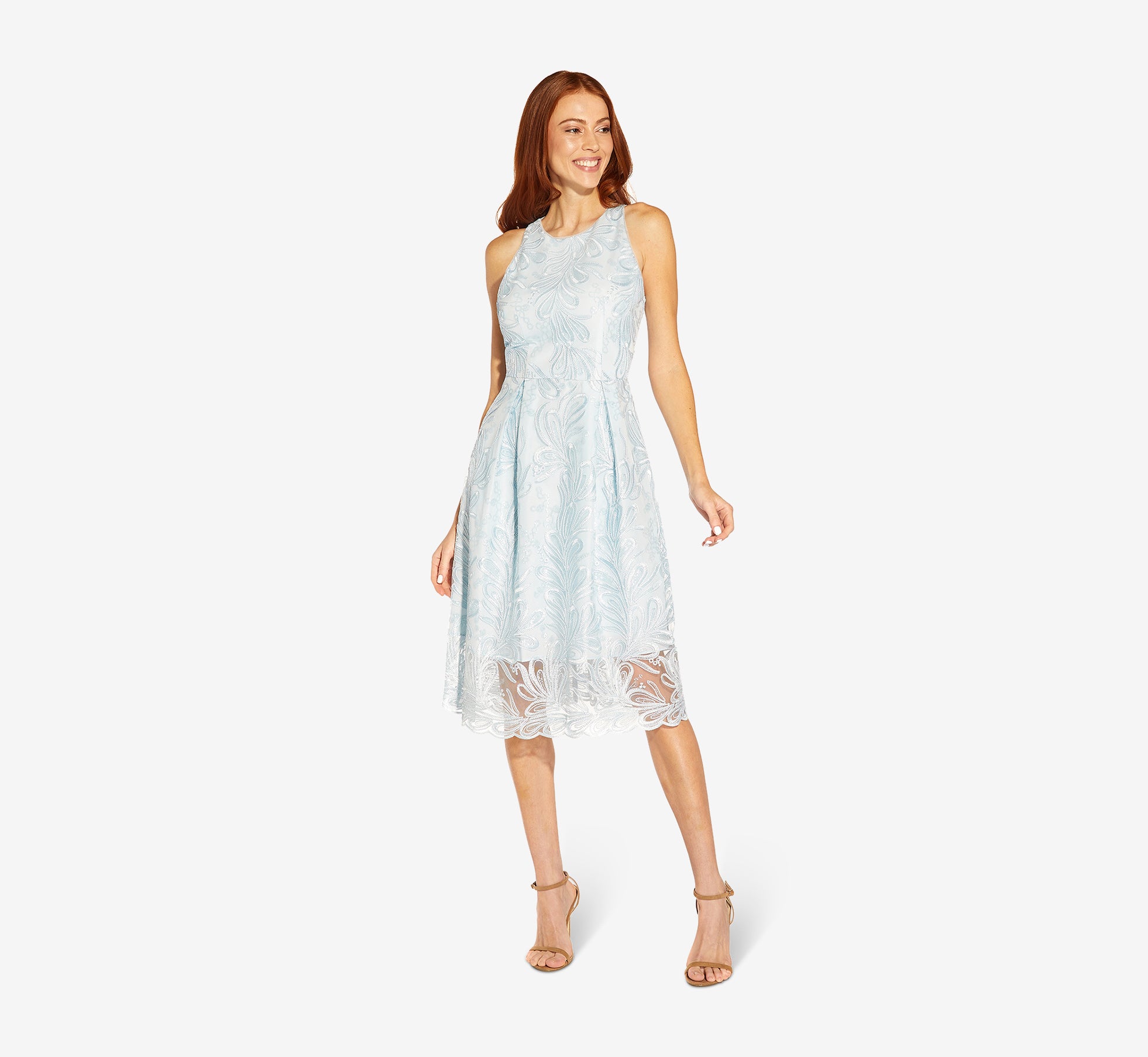 Embroidered Illusion Midi Length Fit And Flare Dress In Opal