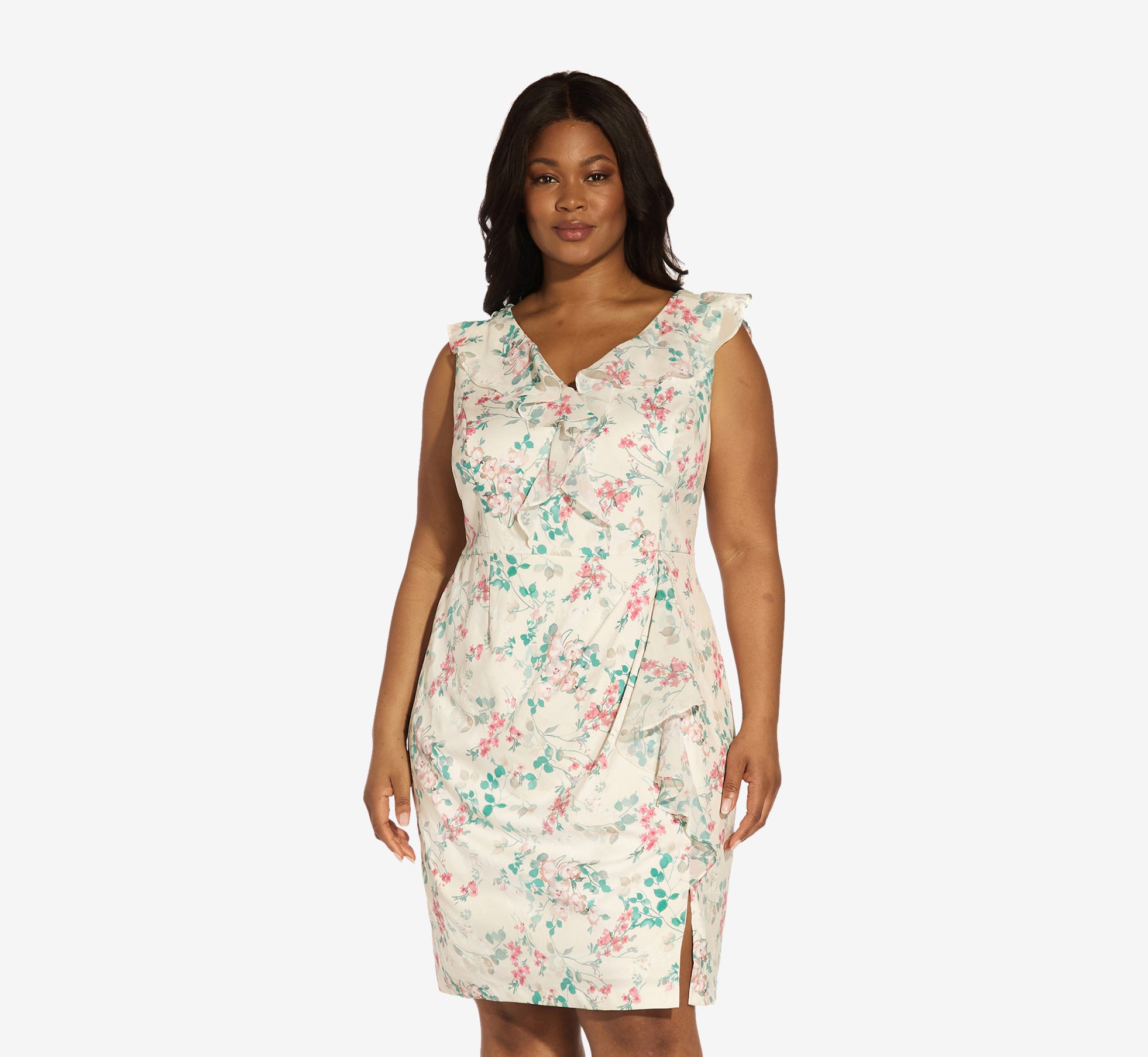 Plus Size Floral Print Twill Chiffon Ruffled Short Sheath Dress In