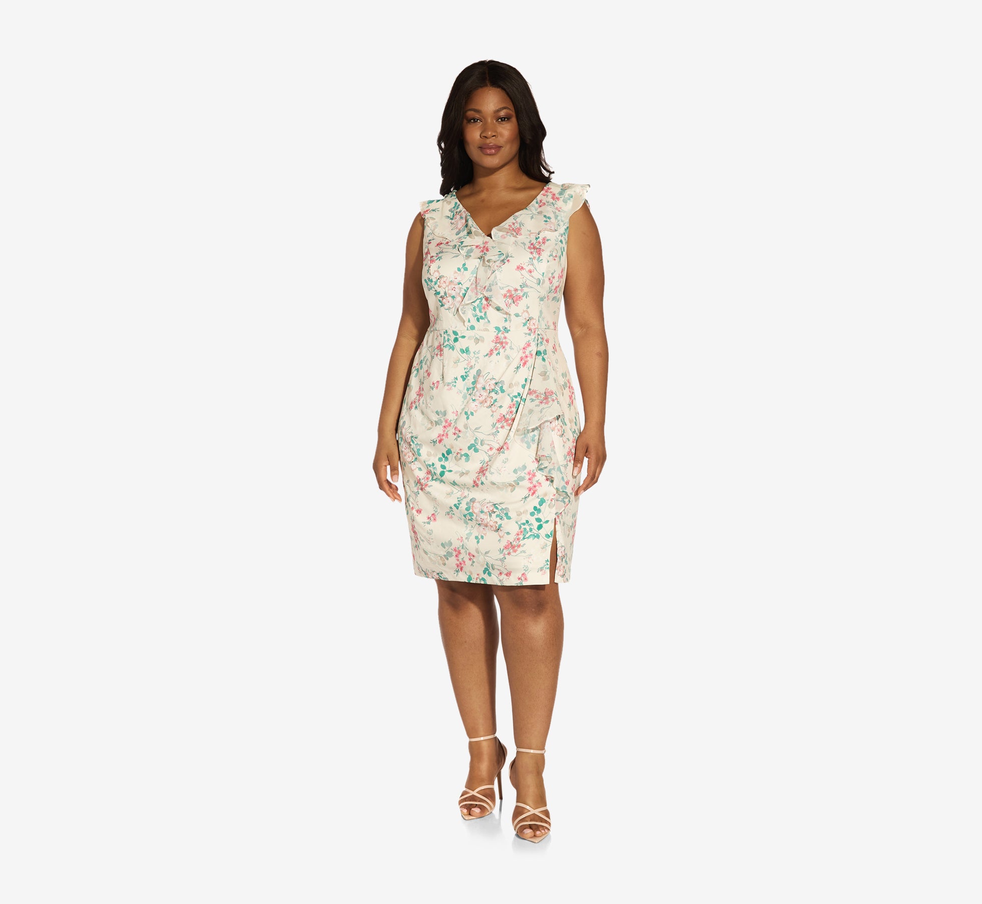 Plus Size Floral Print Twill Chiffon Ruffled Short Sheath Dress In