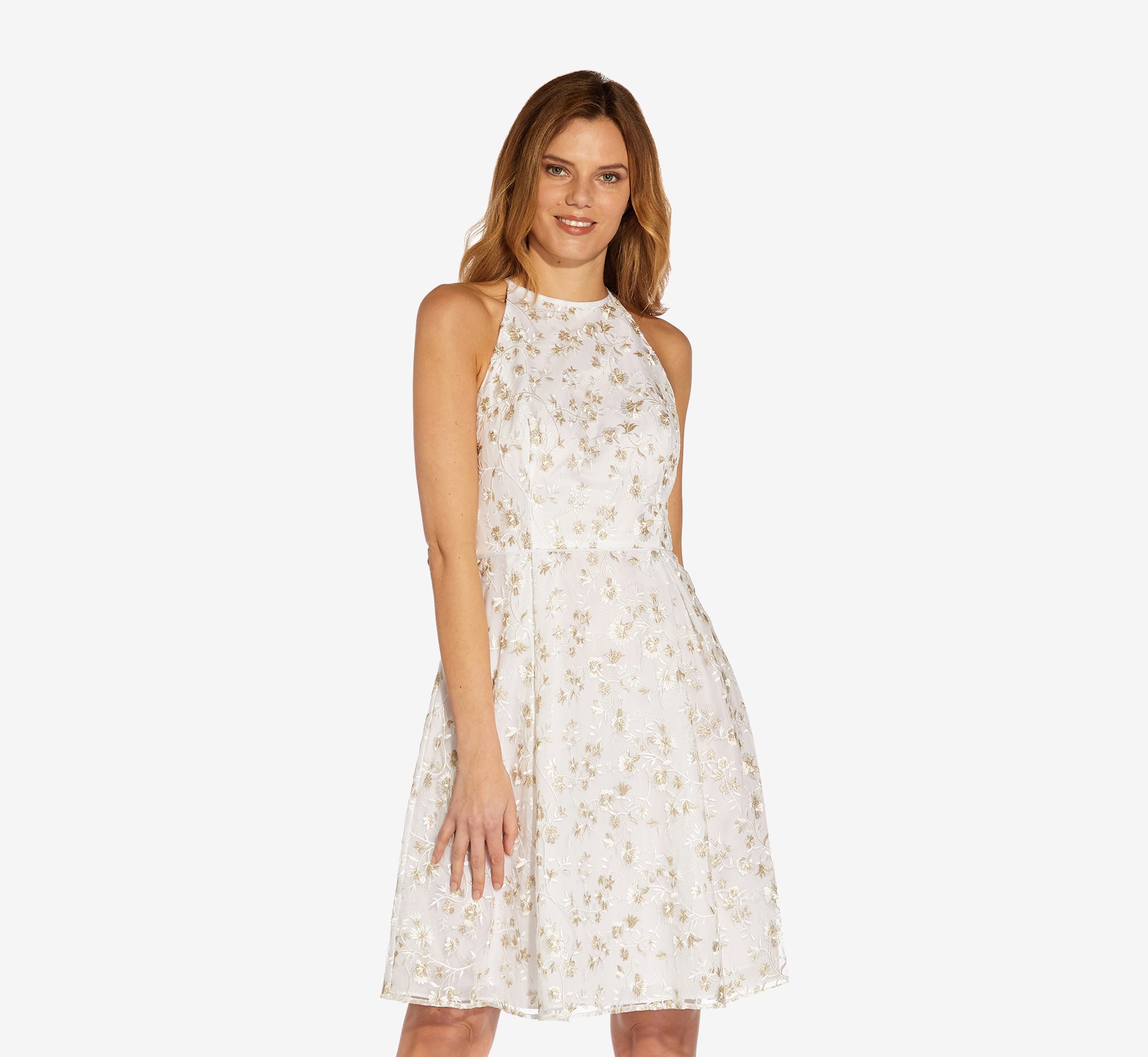 Metallic Floral Embroidered Short Fit And Flare Dress In Ivory