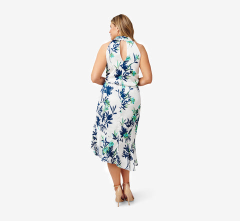 Plus Size Floral-Print Crepe Midi-Length Blouson Halter Dress In Ivory Multi