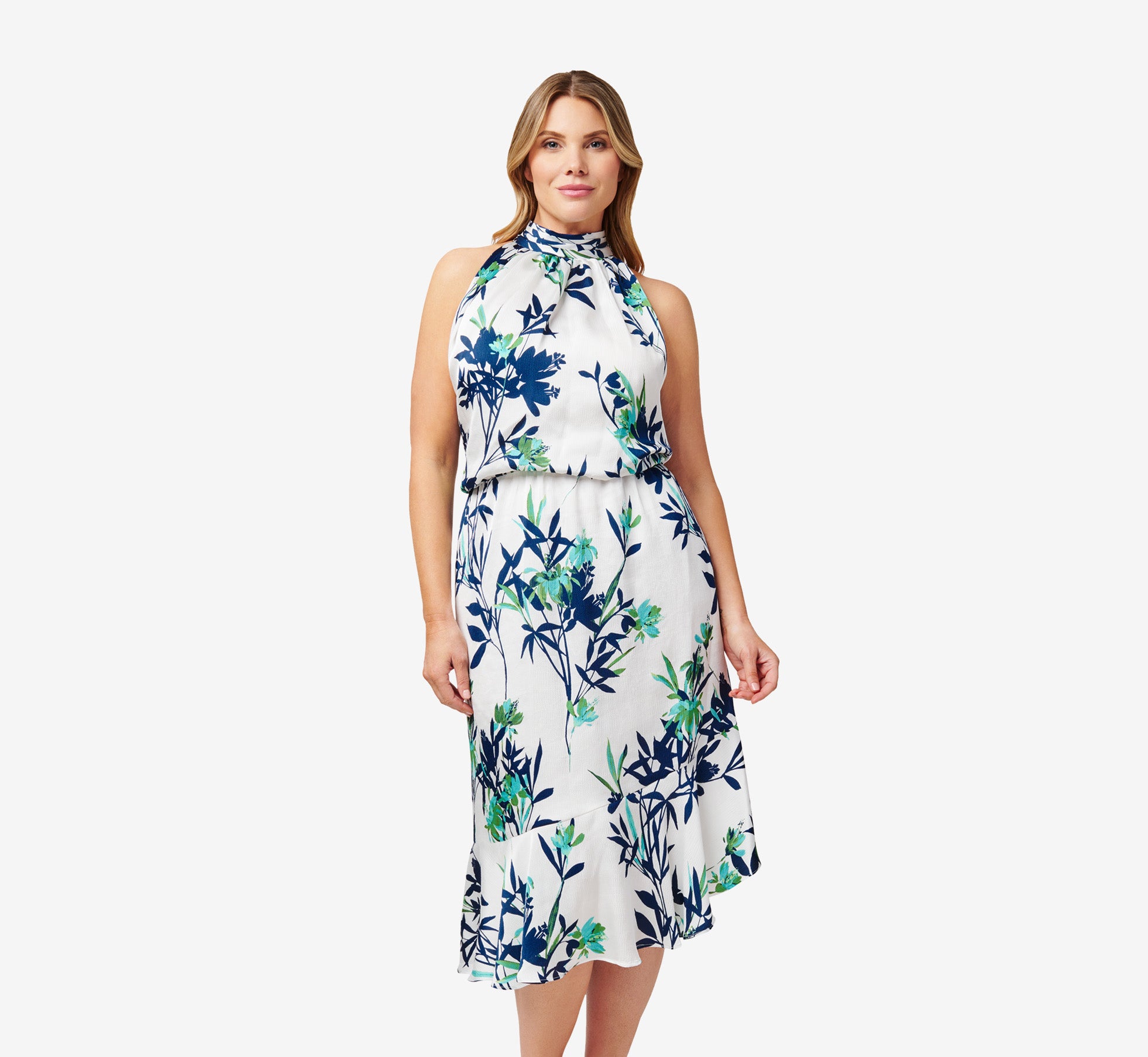 Plus Size Floral-Print Crepe Midi-Length Blouson Halter Dress In Ivory Multi 1