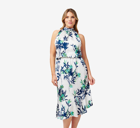 Plus Size Floral-Print Crepe Midi-Length Blouson Halter Dress In Ivory Multi