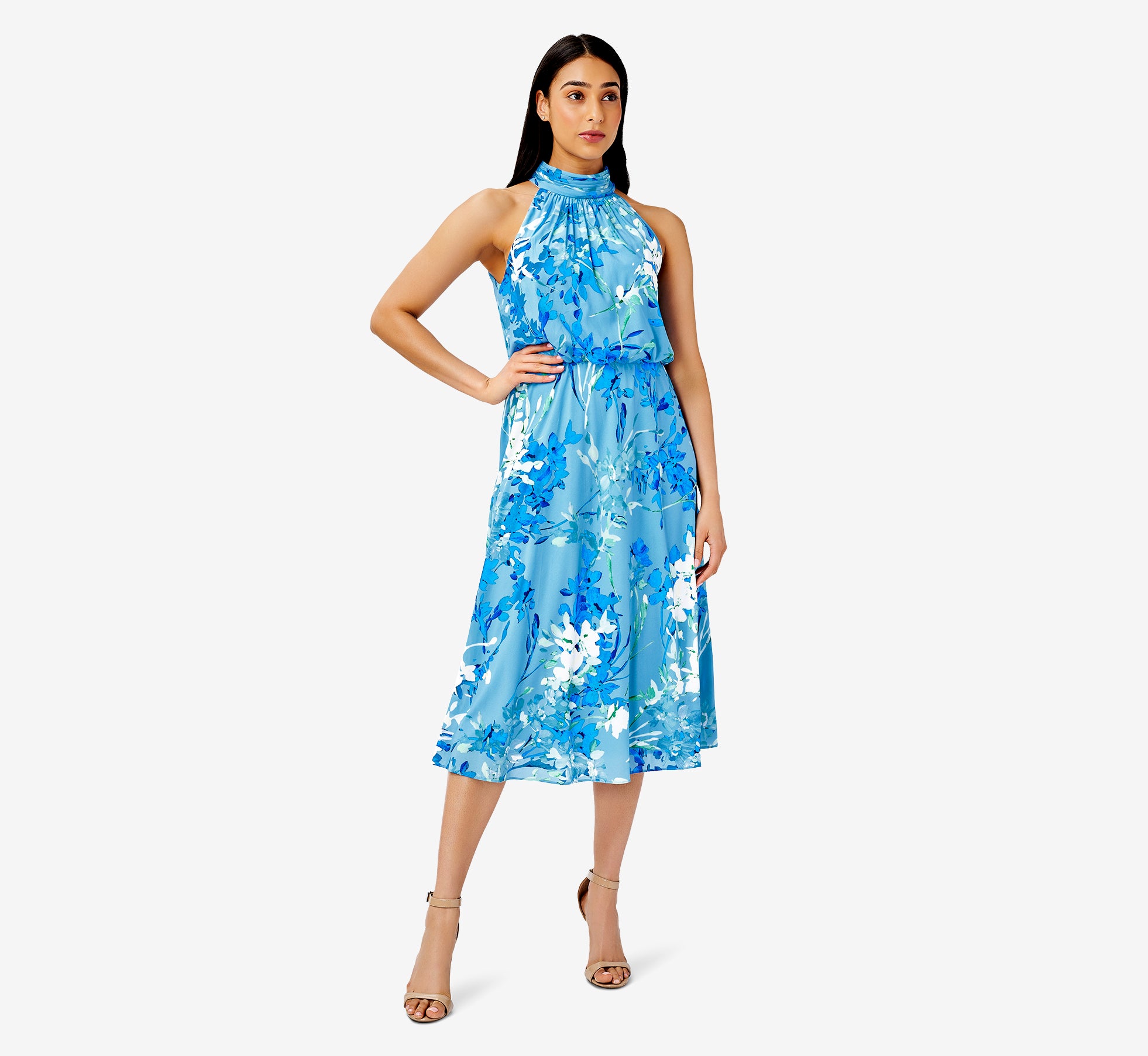 Floral Print Mock Neck Midi Length Chiffon Blouson Halter Dress In