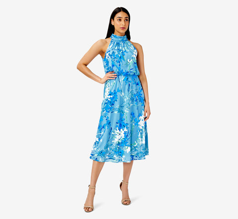 Floral-Print Mock Neck Midi-Length Chiffon Blouson Halter Dress In Peri Multi