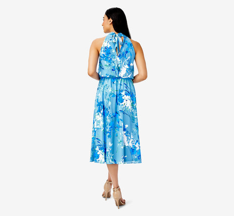 Floral-Print Mock Neck Midi-Length Chiffon Blouson Halter Dress In Peri Multi