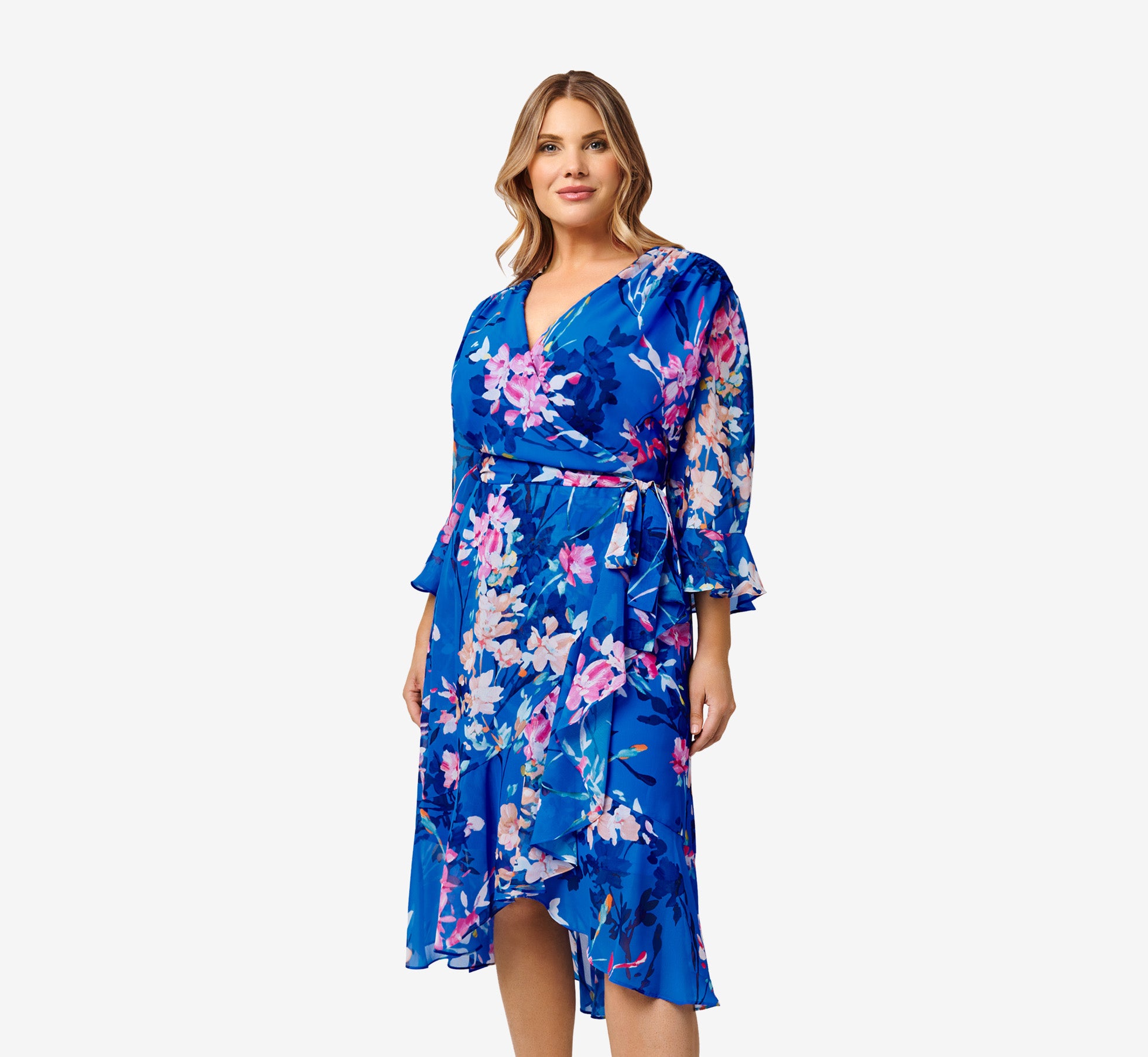 Plus Size Floral-Print Chiffon Short Wrap Dress In Blue Multi