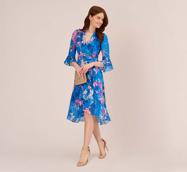 Floral Print Chiffon Short Wrap Dress In Blue Multi Adrianna Papell