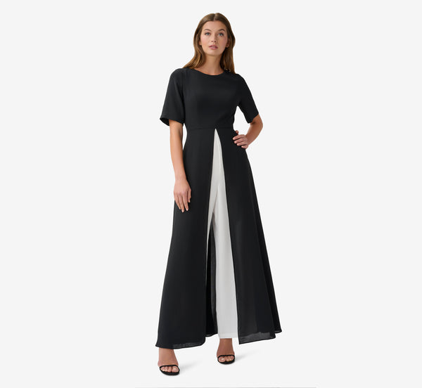 Colorblock Gauzy Crepe Jumpsuit With Skirt Overlay In Black Ivory